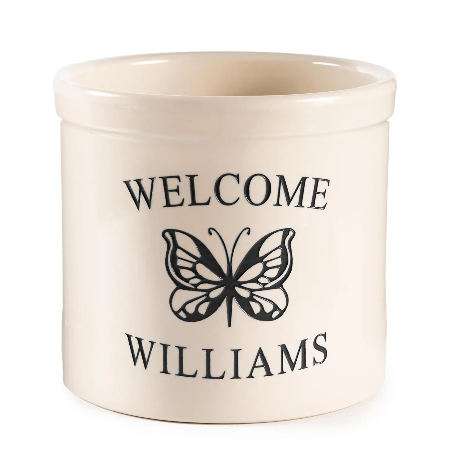 Planters & Plant Stands>Plow & Hearth Personalized Stoneware Welcome Crock with Butterfly