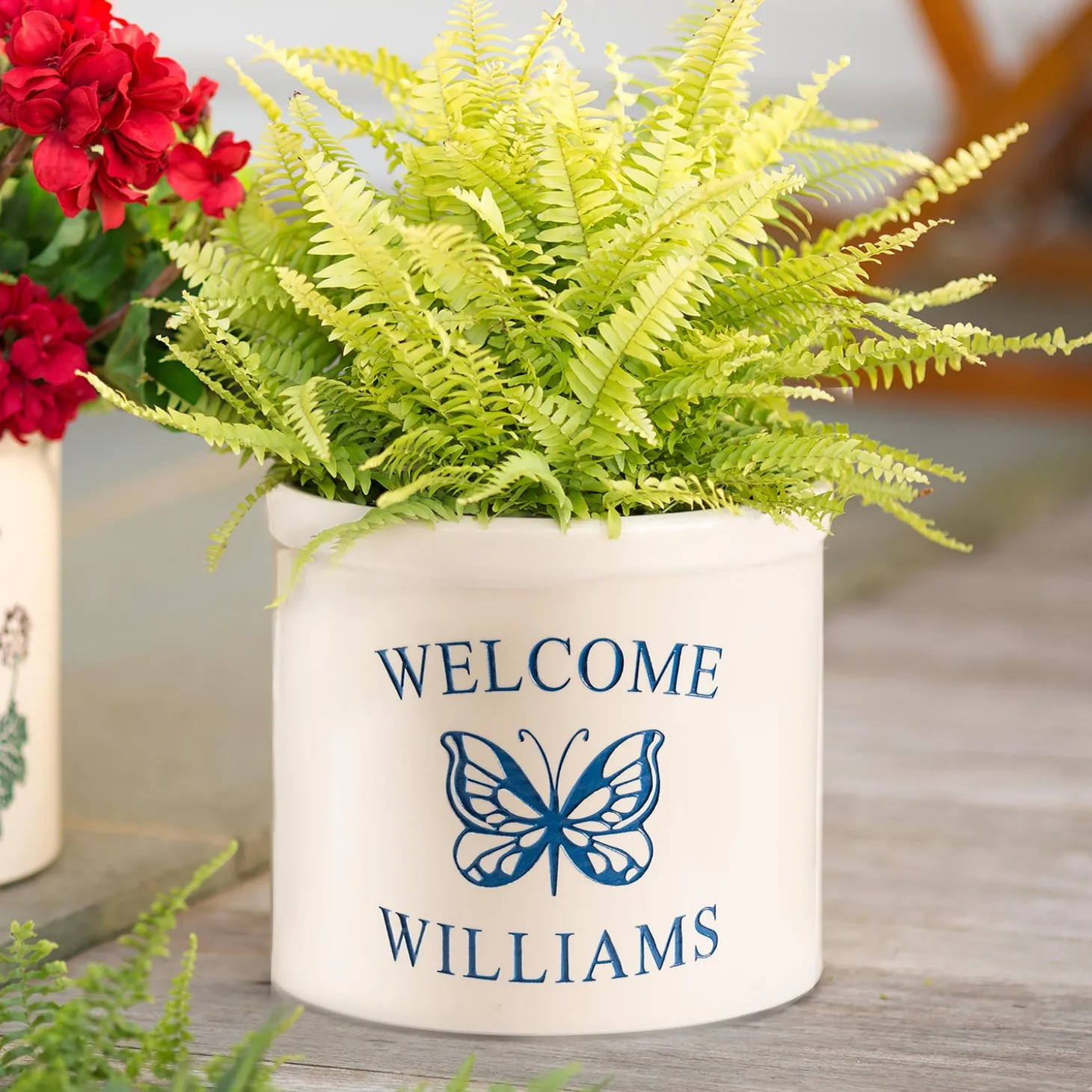 Planters & Plant Stands>Plow & Hearth Personalized Stoneware Welcome Crock with Butterfly