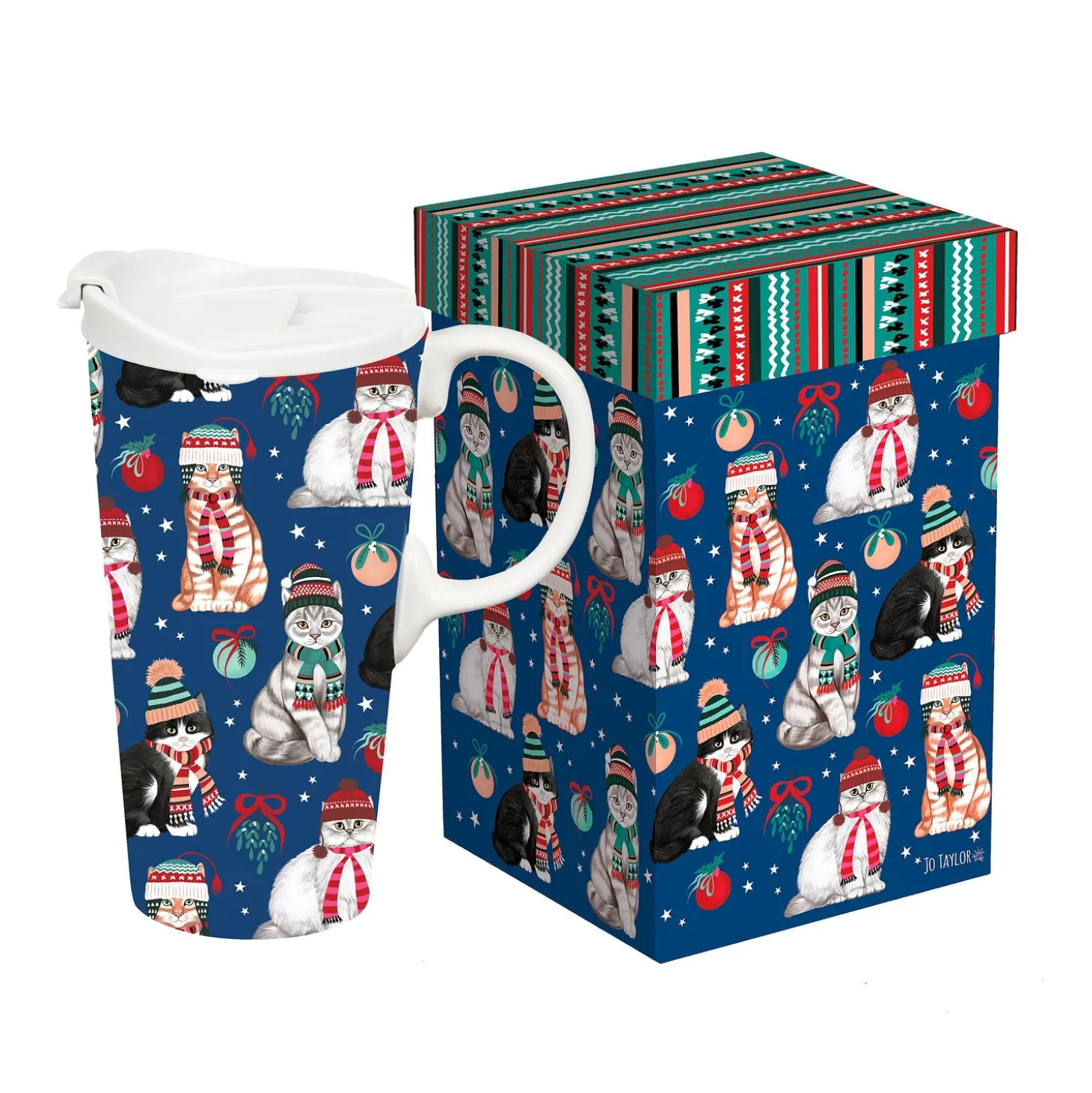 Travel Cups>Plow & Hearth Pet Travel Cup Ceramic Perfect Cup, Winter Cats, 17oz, Gift Box