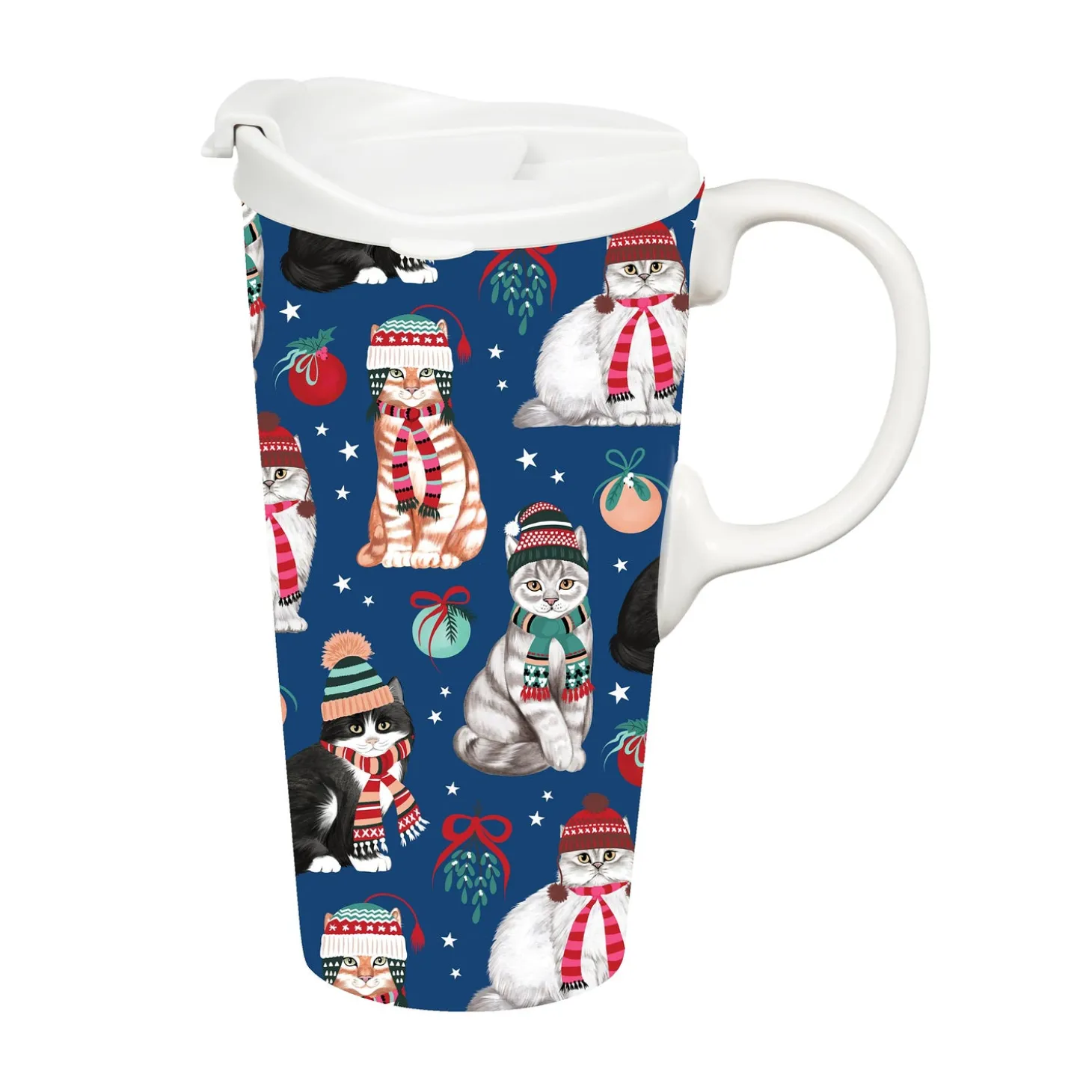 Travel Cups>Plow & Hearth Pet Travel Cup Ceramic Perfect Cup, Winter Cats, 17oz, Gift Box
