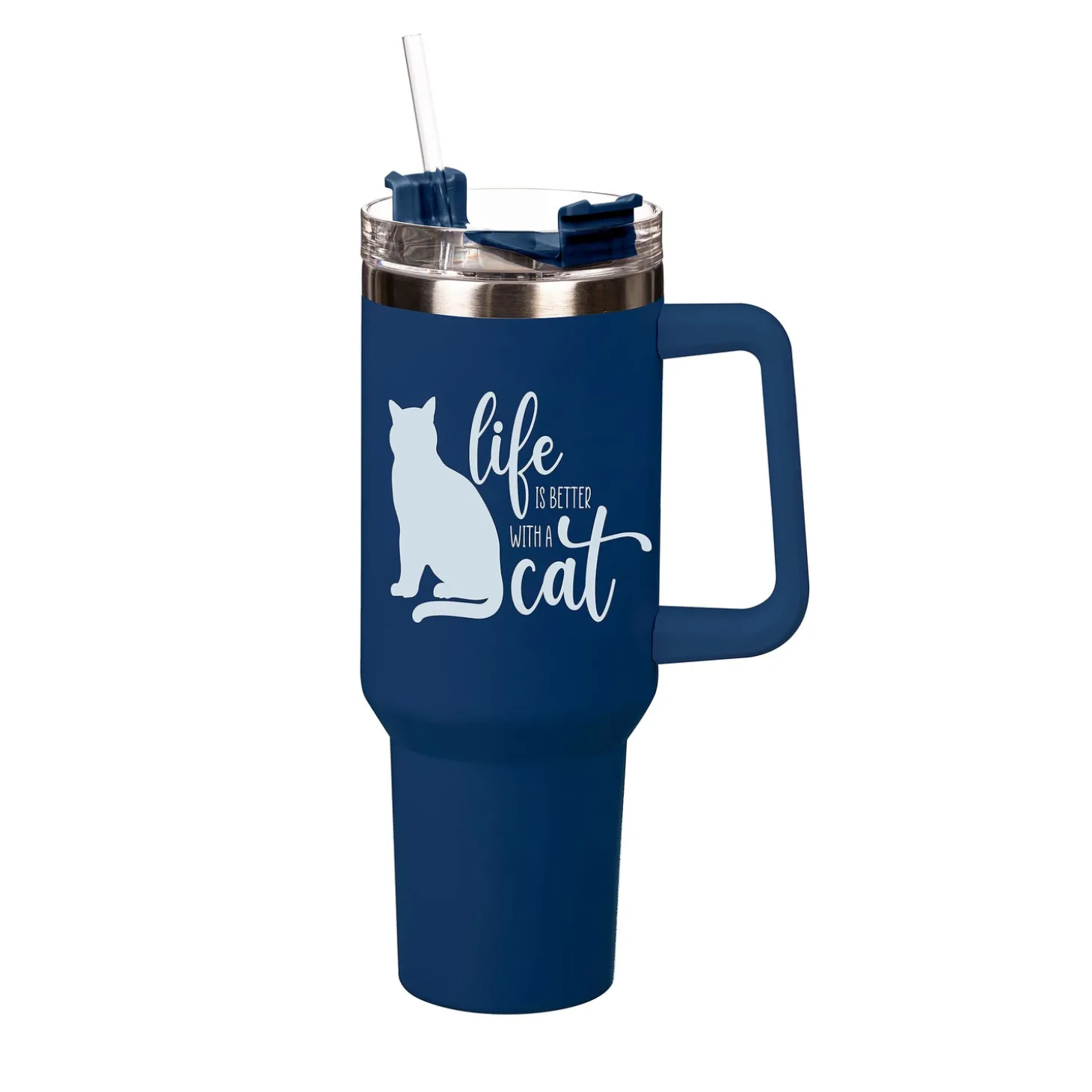 Travel Cups>Plow & Hearth Pet Tumbler Stainless-Steel Canyon Cup w/ Straw, Life Is Better With A Cat, 40oz, Gift Box