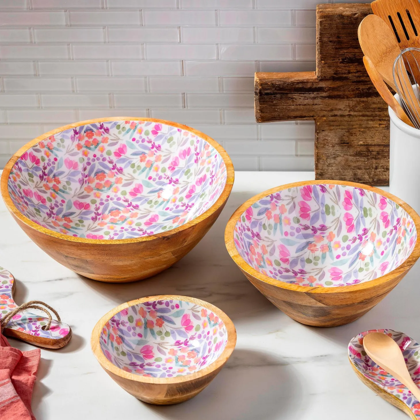 Plates & Platters | Serveware>Plow & Hearth Petal Paradise Wood Bowl Set