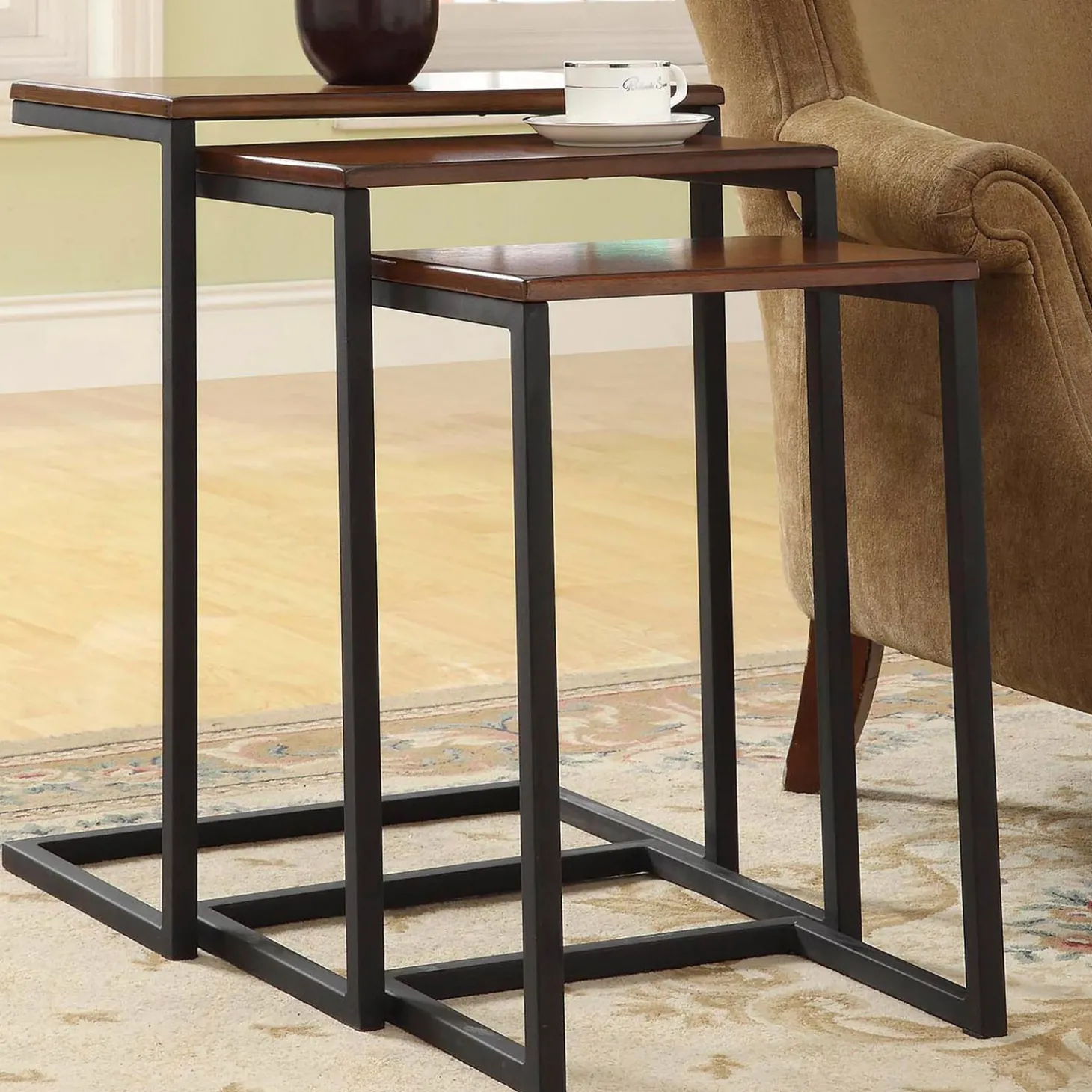 Accent Tables>Plow & Hearth 3-Piece Industrial Style Rectangular Metal and Wood Nesting Tables