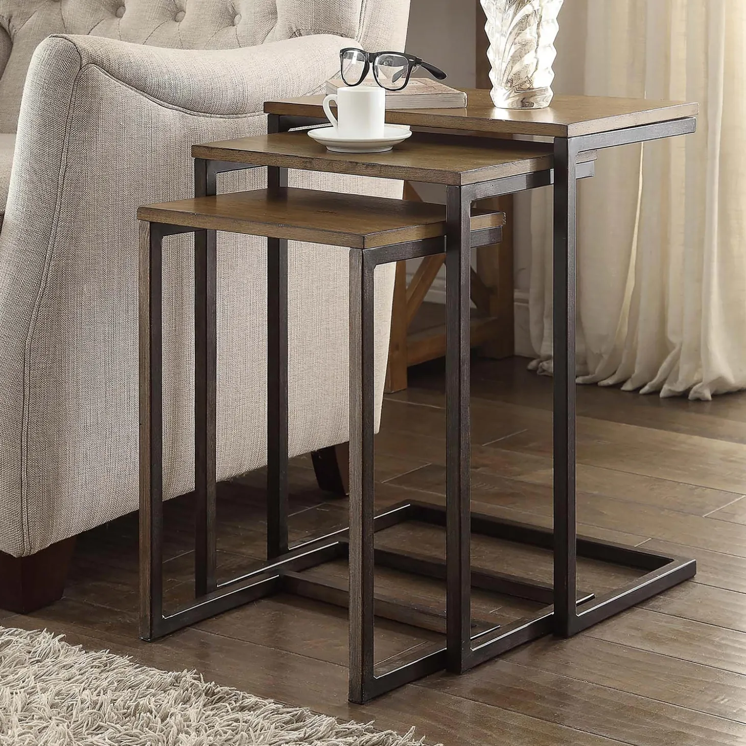 Accent Tables>Plow & Hearth 3-Piece Industrial Style Rectangular Metal and Wood Nesting Tables