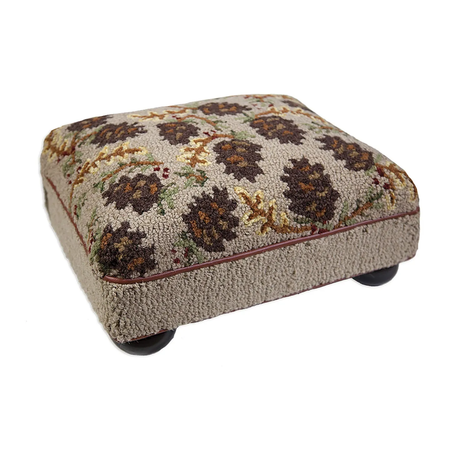 Footstools>Plow & Hearth Pine Cone Hand-Hooked Wool and Leather Stool