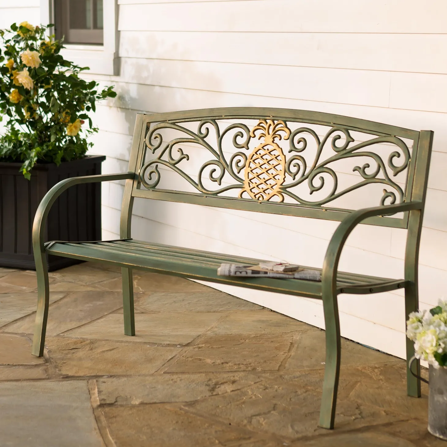 Outdoor Benches>Plow & Hearth Pineapple Metal Garden Bench Verdigris