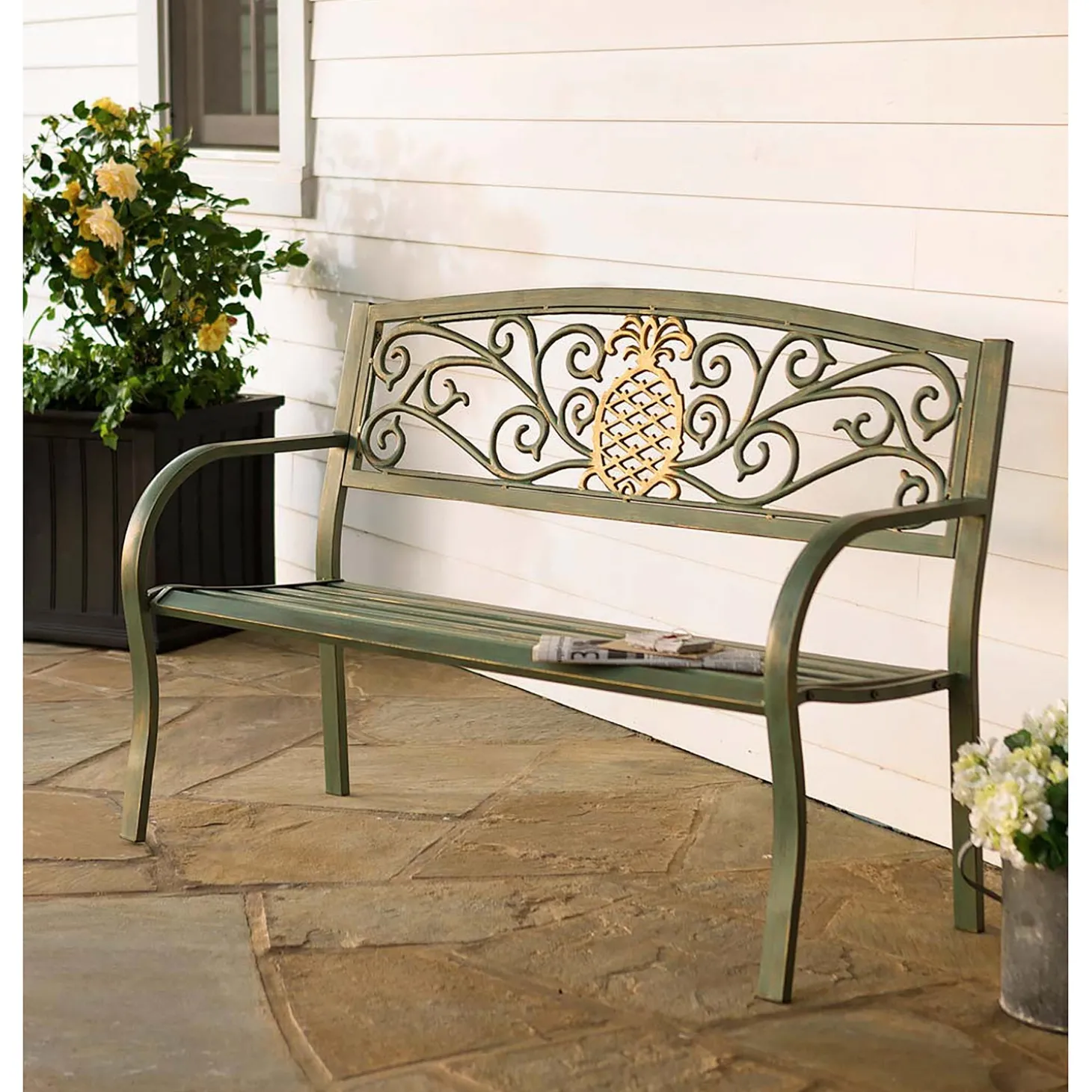 Outdoor Benches>Plow & Hearth Pineapple Metal Garden Bench - Verdigris