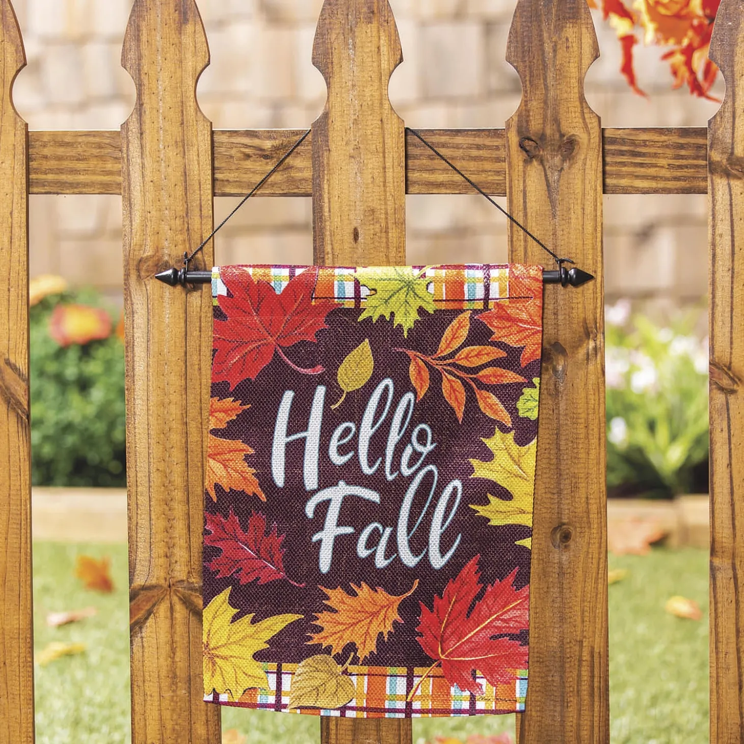 Garden Flags>Plow & Hearth Plaid Hello Fall Garden Textured Suede