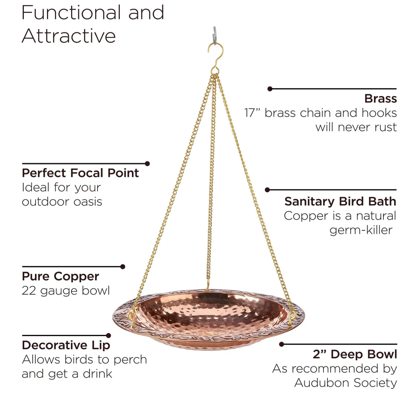 Birdbaths>Plow & Hearth Pure Copper Hanging Birdbath on 17" Long Brass Chain with Hook