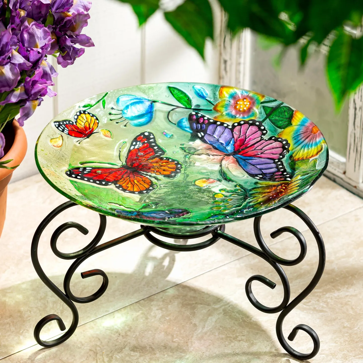 Birdbaths>Plow & Hearth 18" Glass Bird Bath, Butterfly Family