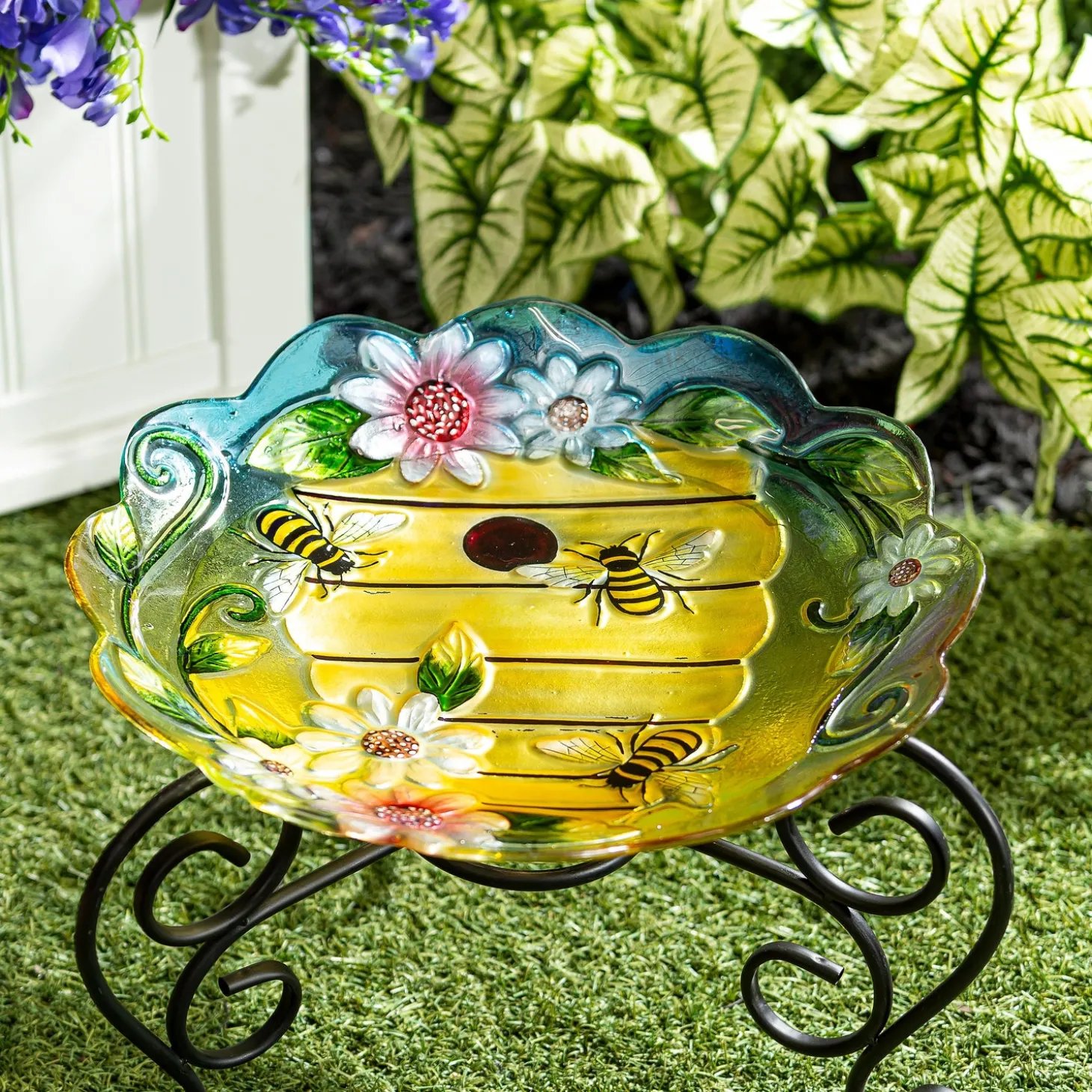 Birdbaths>Plow & Hearth 18" Glass Bird Bath, Floral Beehouse