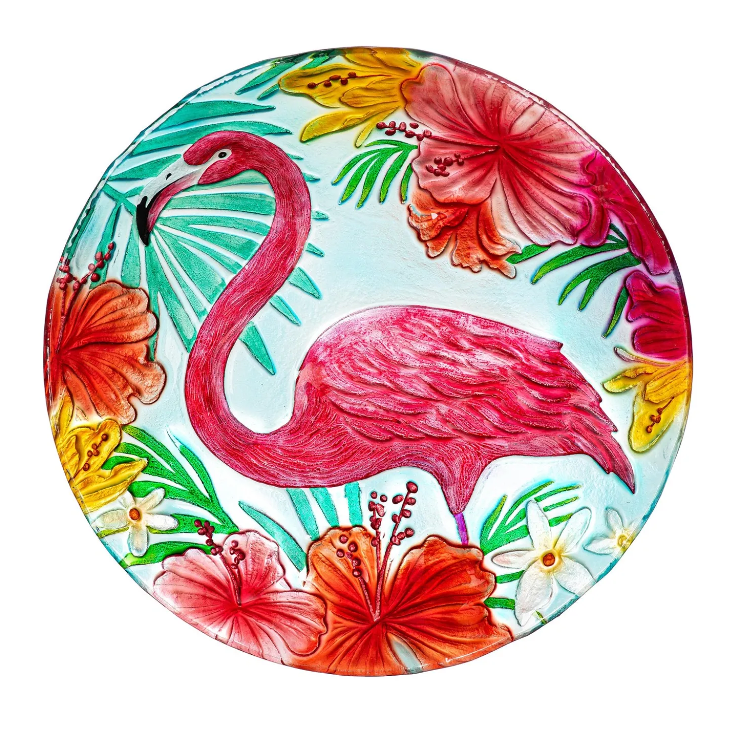 Birdbaths>Plow & Hearth 18" Glass Bird Bath, Floral Flamingo