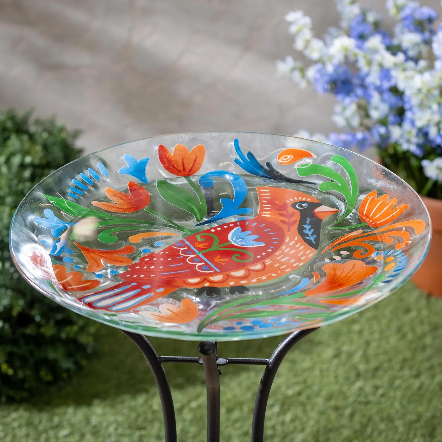 Birdbaths>Plow & Hearth 18" Glass Folk Art Bird Bath, Cardinal