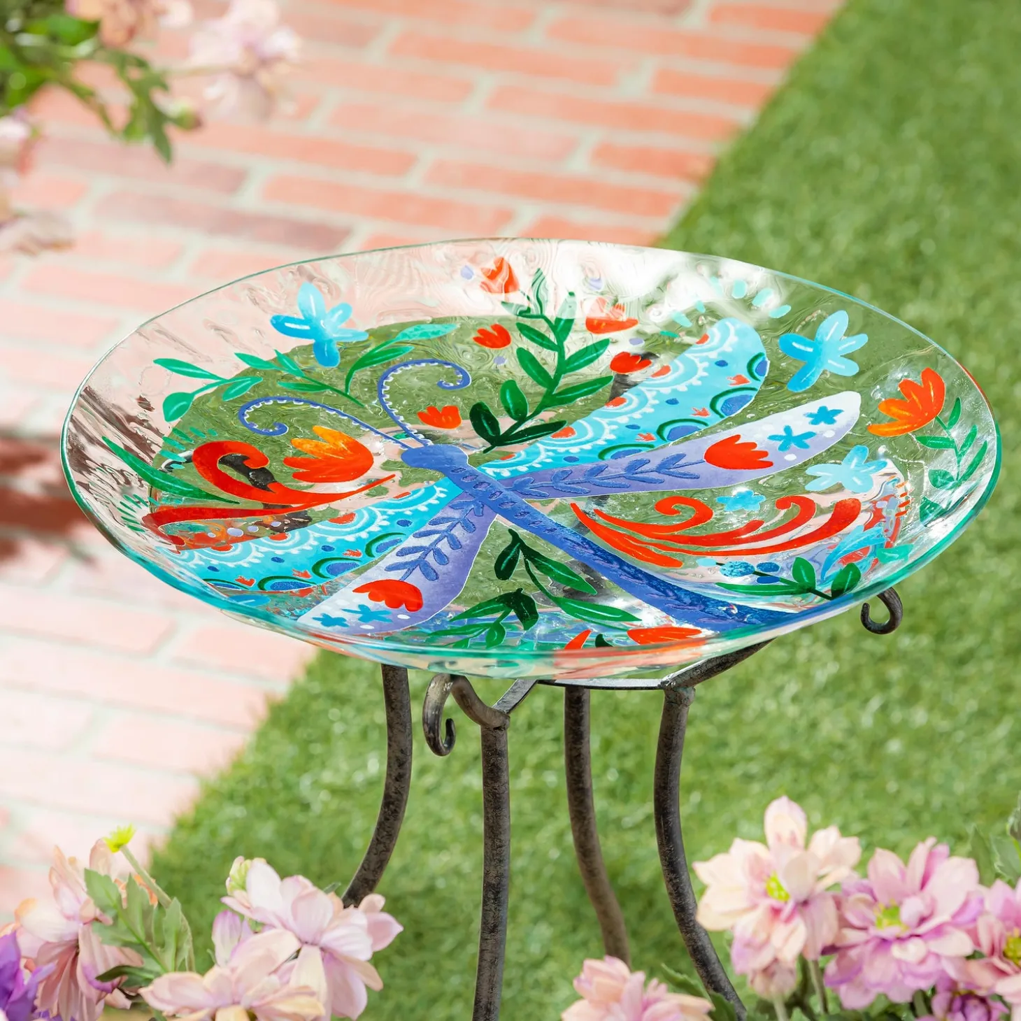 Birdbaths>Plow & Hearth 18" Glass Folk Art Bird Bath, Dragonfly