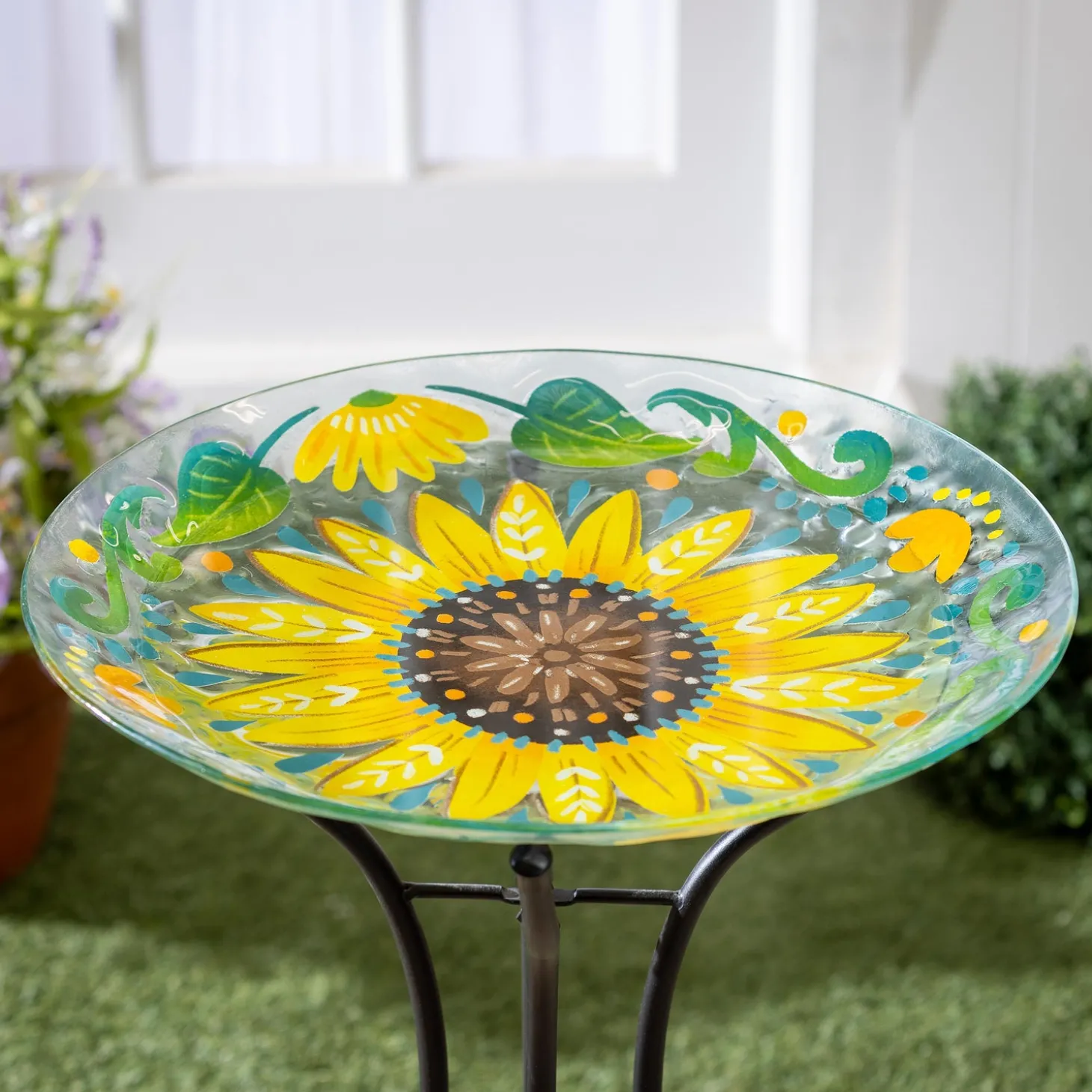 Birdbaths>Plow & Hearth 18" Glass Folk Art Bird Bath, Sunflower