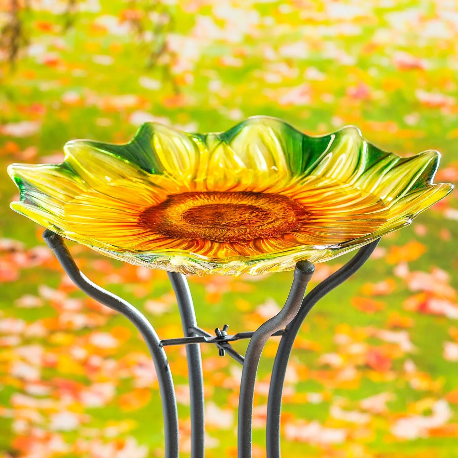 Birdbaths>Plow & Hearth 18" Hand Painted and Embossed Shaped Bird Bath, Sunflower