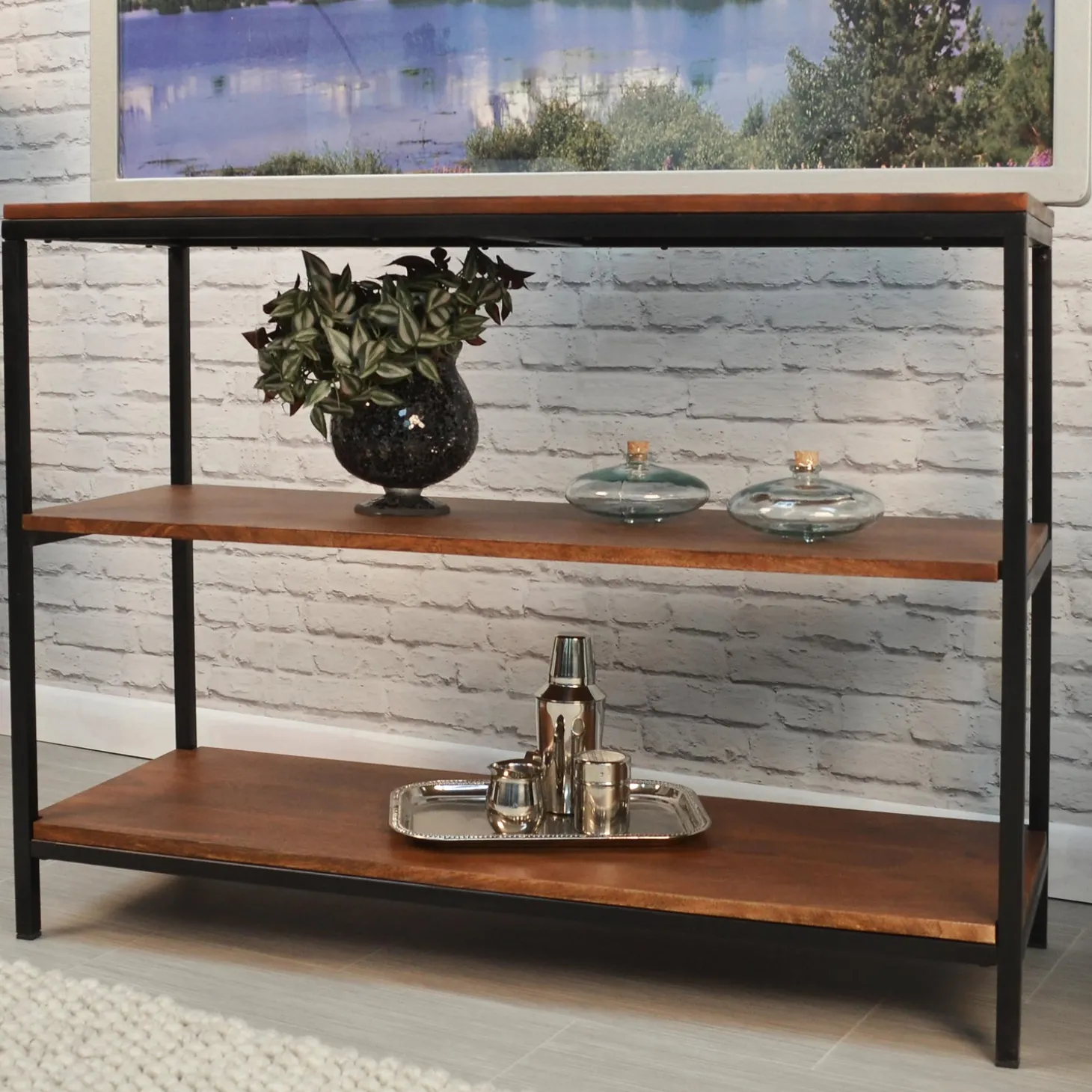 Desks & Console Tables | Bookshelves & Wall Shelves>Plow & Hearth 30" High Three-Shelf Wood and Metal Bookcase/Console Chestnut