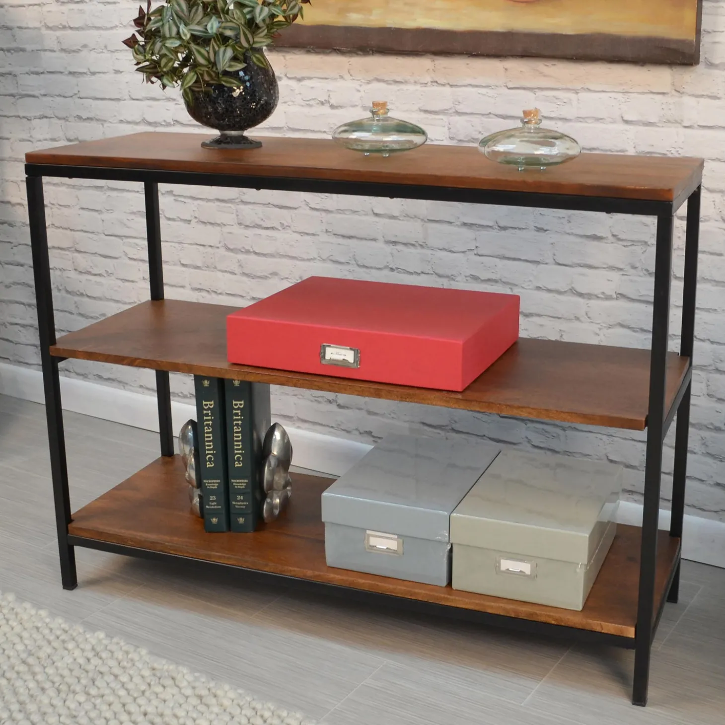 Desks & Console Tables | Bookshelves & Wall Shelves>Plow & Hearth 30" High Three-Shelf Wood and Metal Bookcase/Console Chestnut