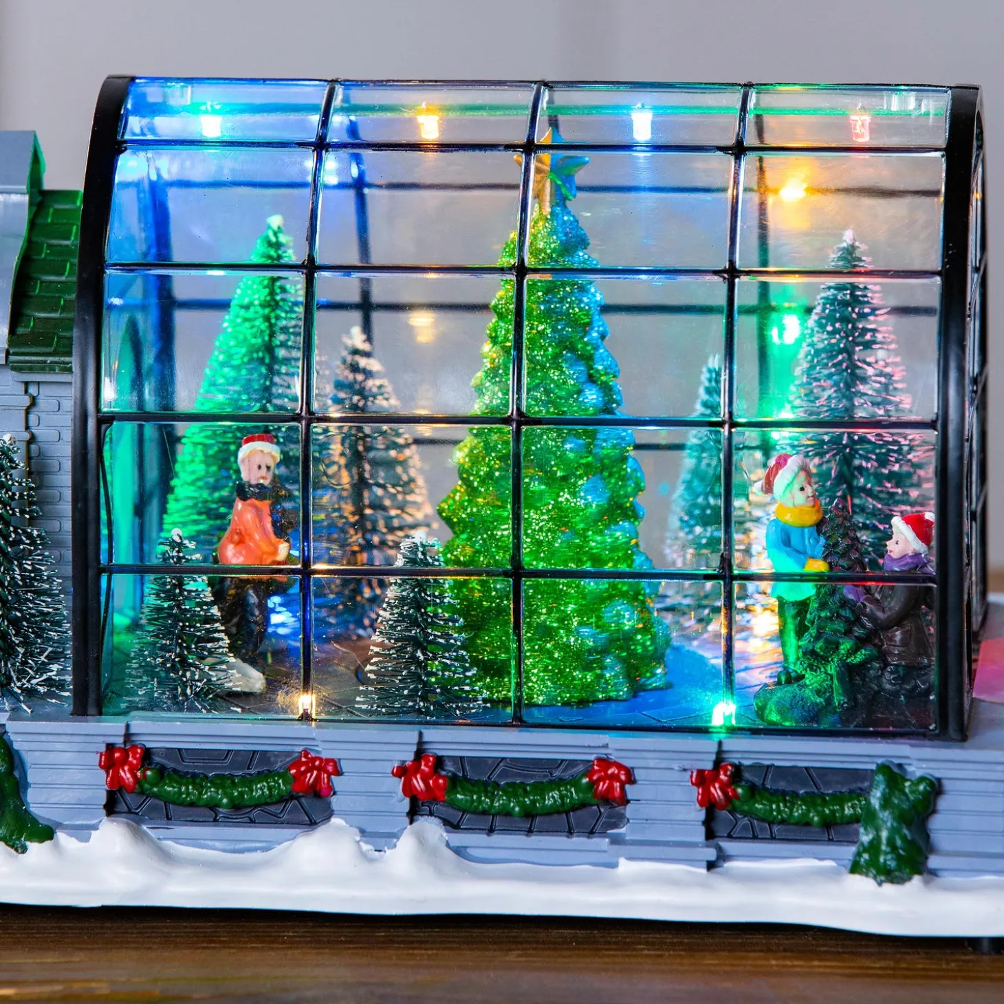 Decorative Accents>Plow & Hearth 8.75" LED Christmas Greenhouse with Rotating Tree and Music Table Décor