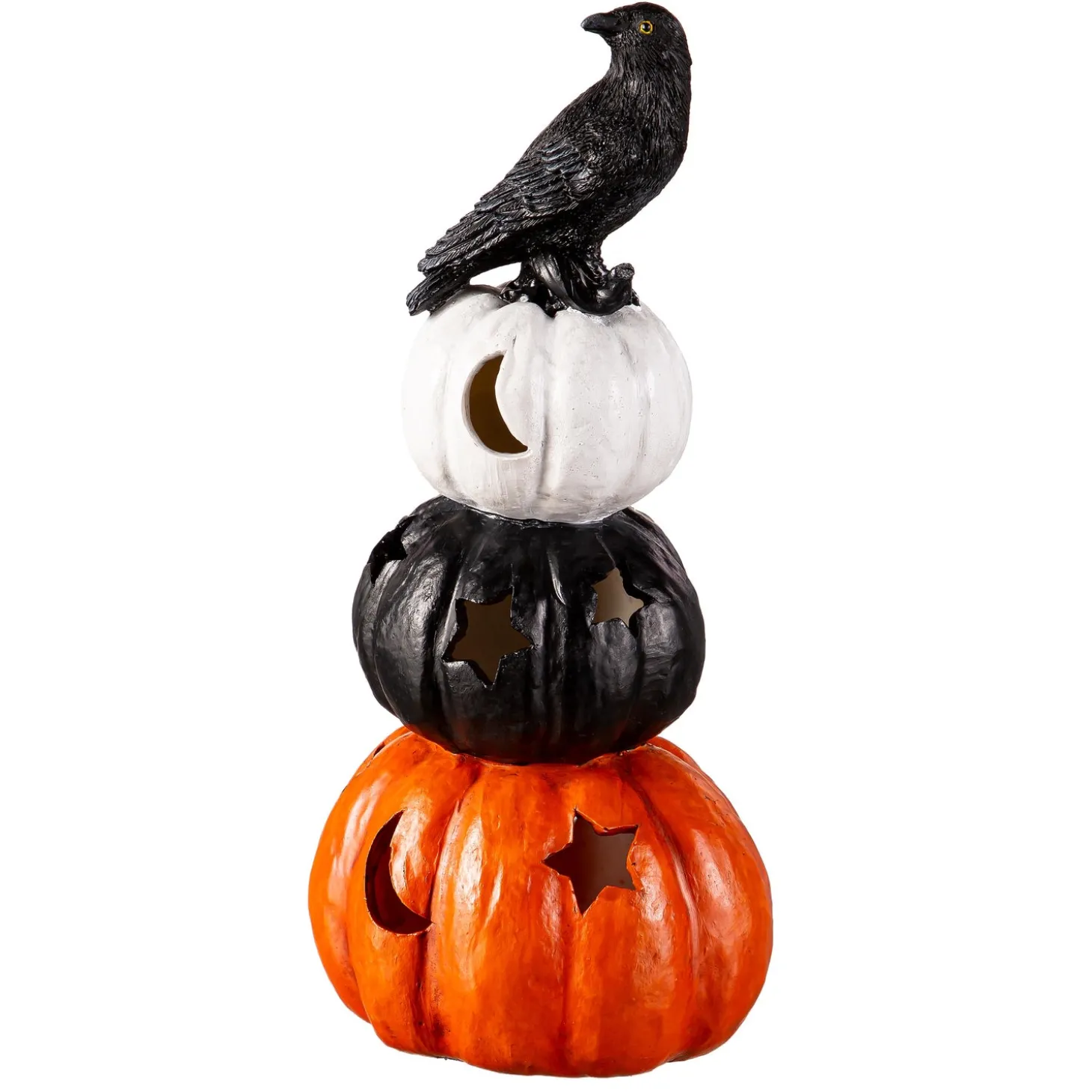 Garden Statues | Lighted Garden Decorations>Plow & Hearth 10.35" LED Resin Jack O'Lantern Pumpkins with Crow Tabletop Décor
