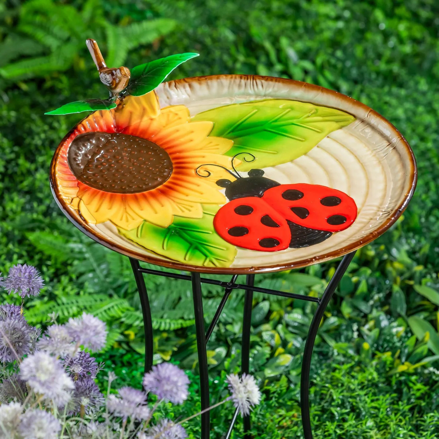 Birdbaths>Plow & Hearth 17" Metal Bird Bath, Ladybug & Sunflower