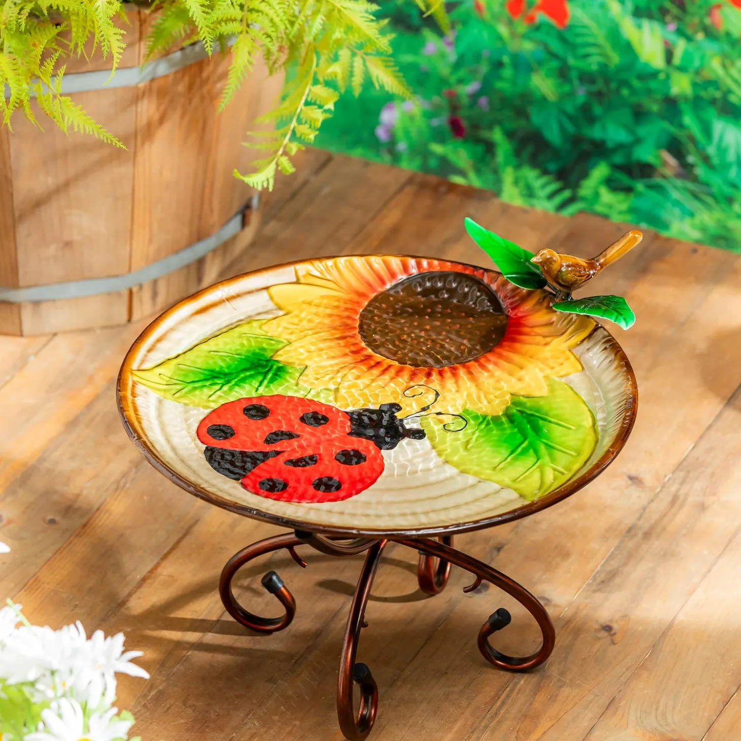 Birdbaths>Plow & Hearth 17" Metal Bird Bath, Ladybug & Sunflower