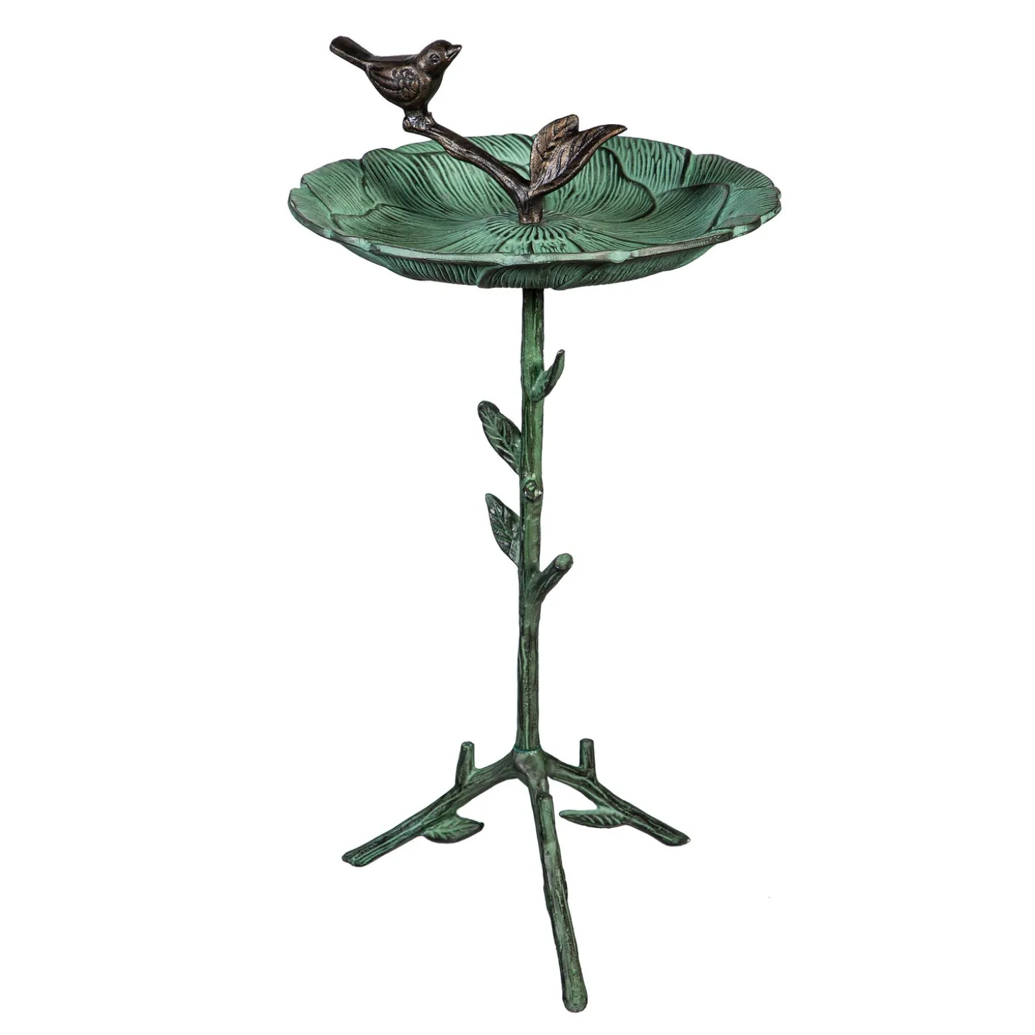 Birdbaths>Plow & Hearth 12" Metal Green Bird Bath With Stand