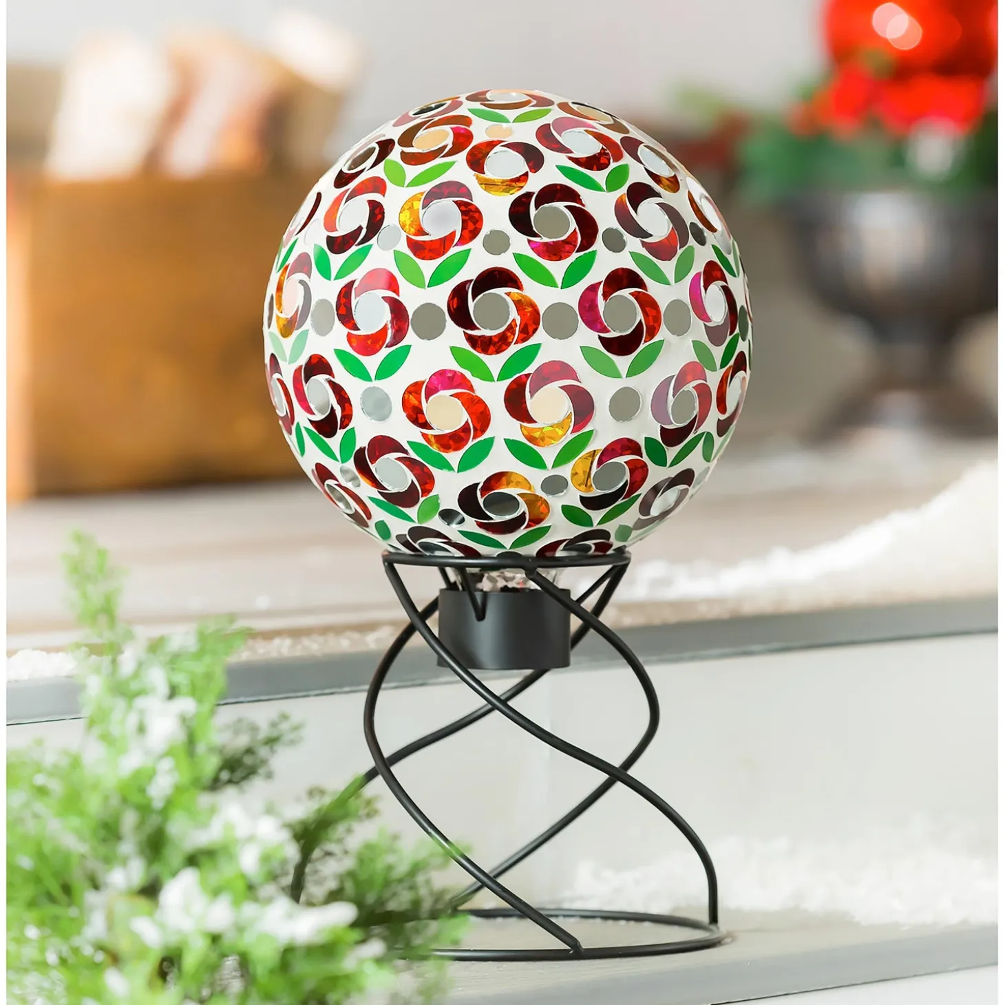 Gazing Balls>Plow & Hearth 10" Mosaic Glass Gazing Ball, Poinsettia