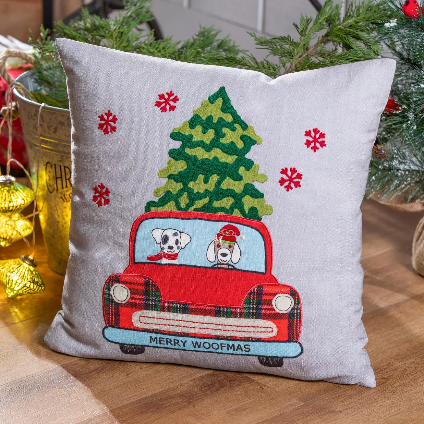 Decorative Pillows>Plow & Hearth 18.5" Red Truck with Dogs Square Pillow