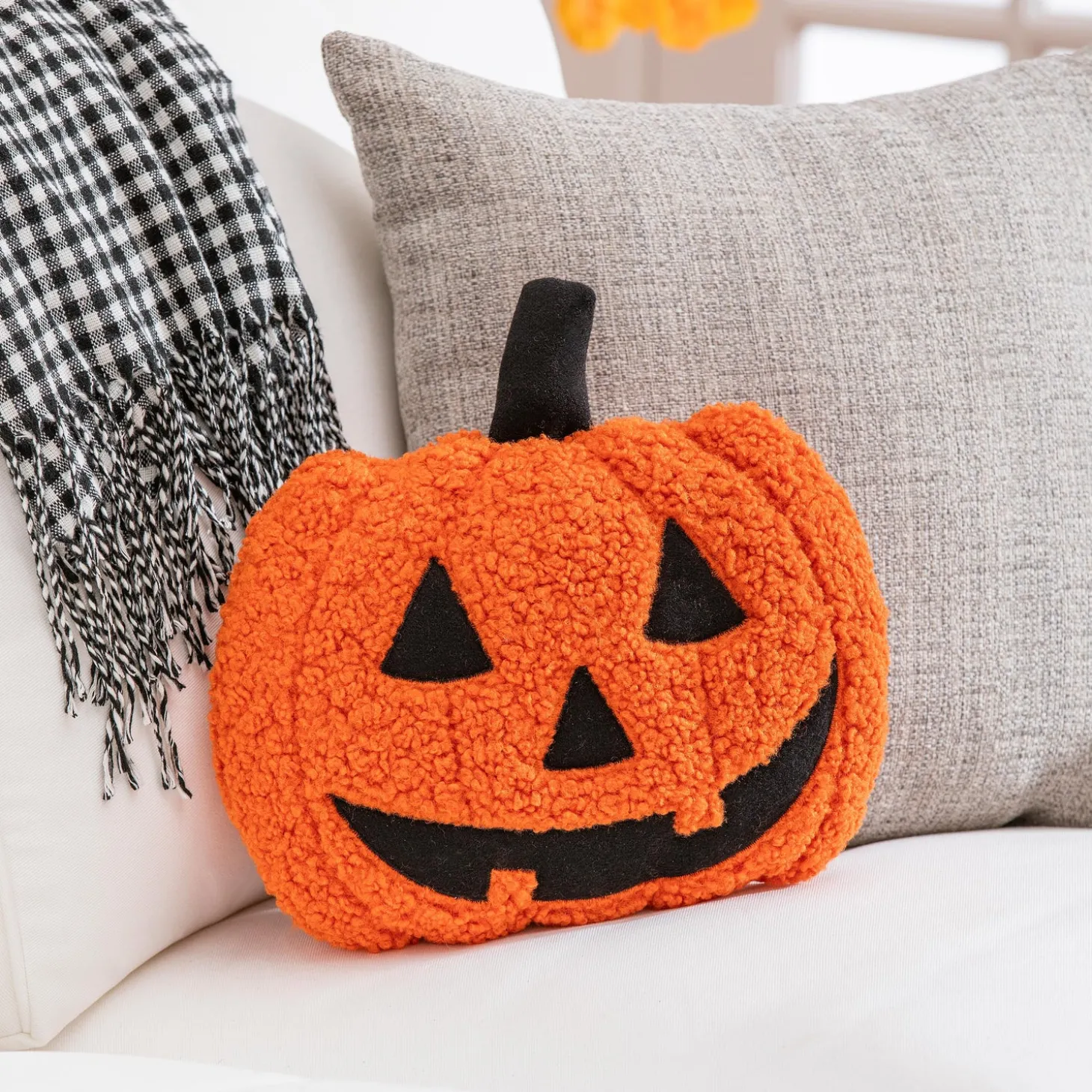 Decorative Pillows>Plow & Hearth 13" Shaped Pillow with Embroidering, Jack-O-Lantern Pumpkin Orange