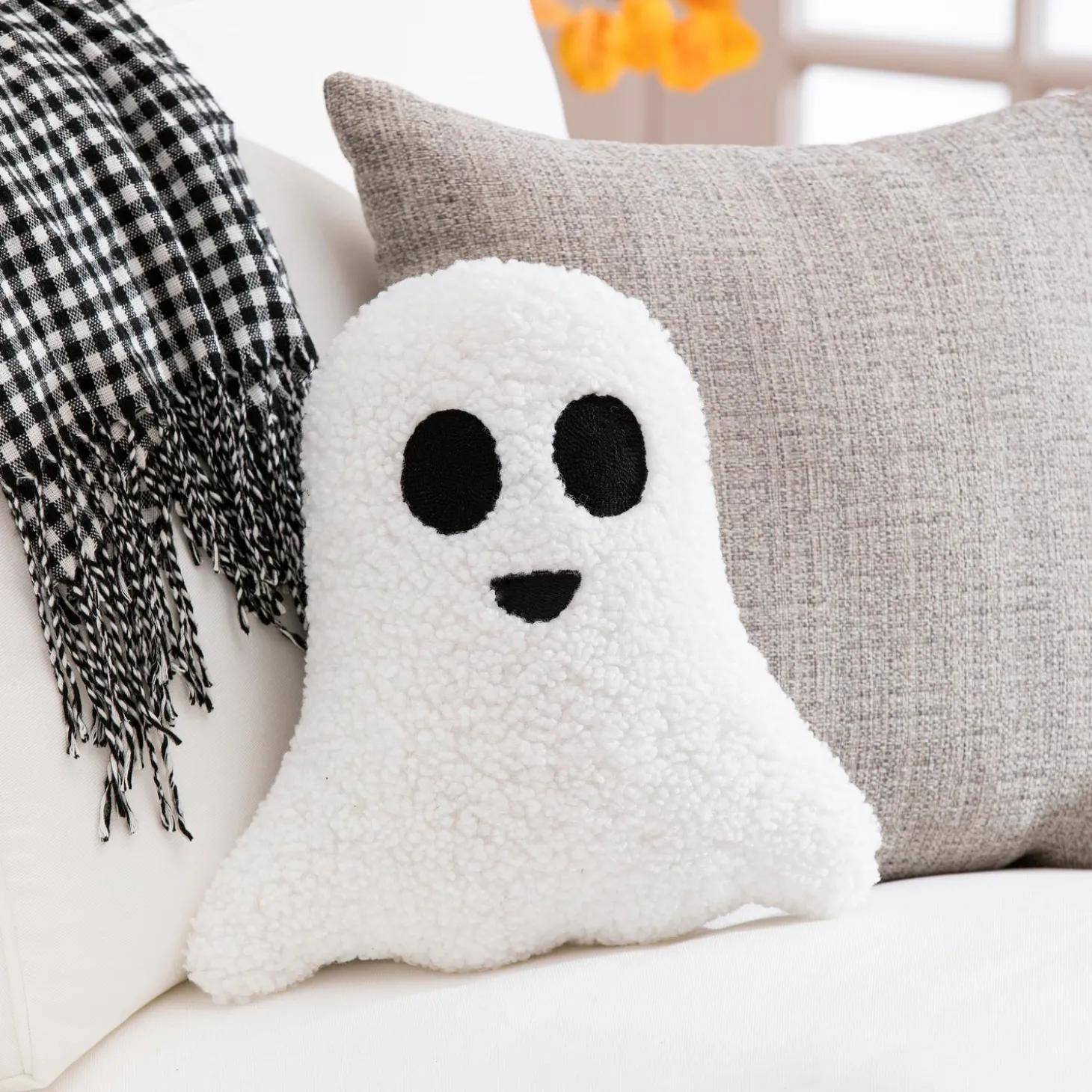 Decorative Pillows>Plow & Hearth 13" Shaped Pillow with Embroidering, White Ghost