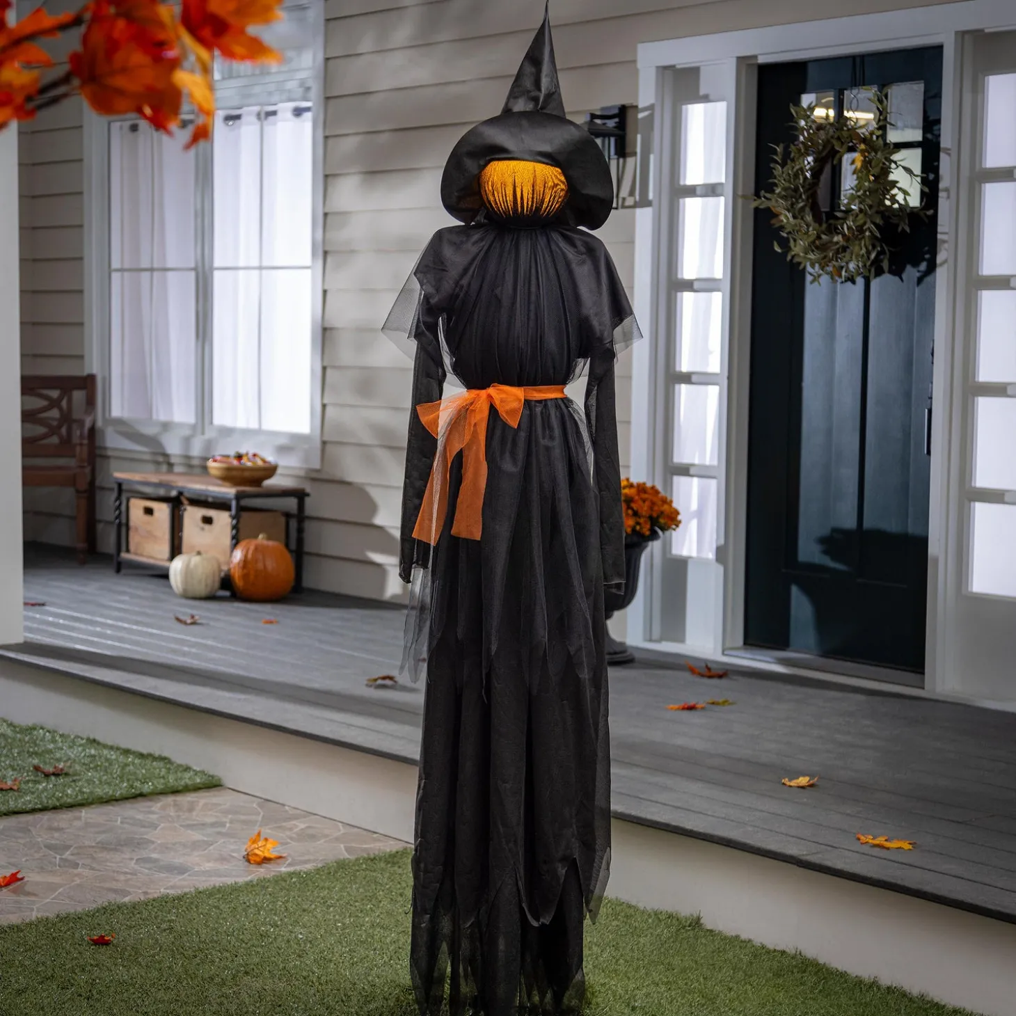 Garden Stakes>Plow & Hearth 76" Witch Lighted Fabric Garden Stake with Orange Bow
