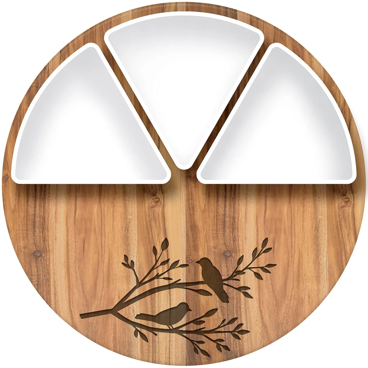 Serveware>Plow & Hearth 12" Wood Round Server with 3 Ceramic Dishes Set