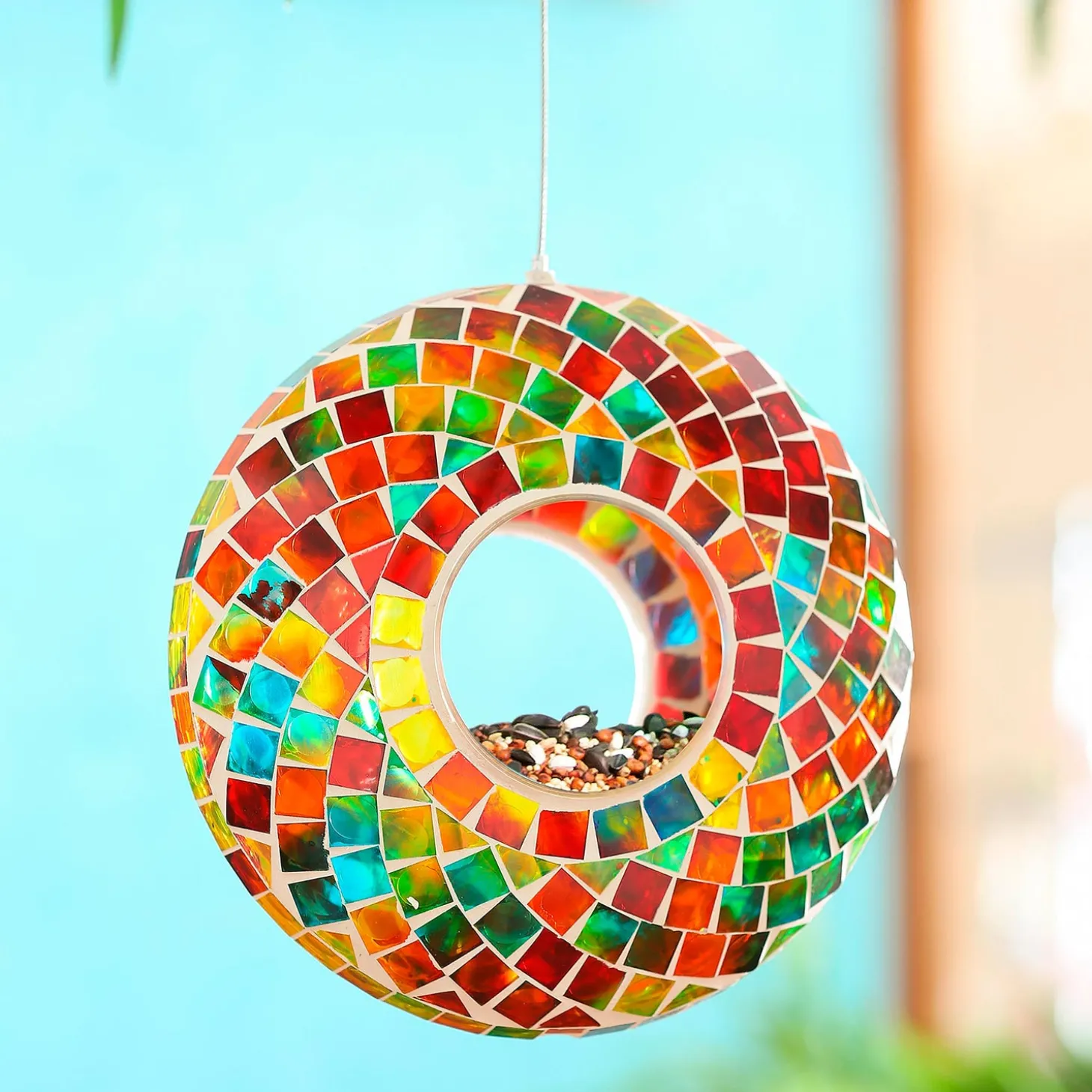 Bird Feeders>Plow & Hearth 9.25"D Acrylic Circle Bird Feeder, Rainbow Mosaic Glass Multi