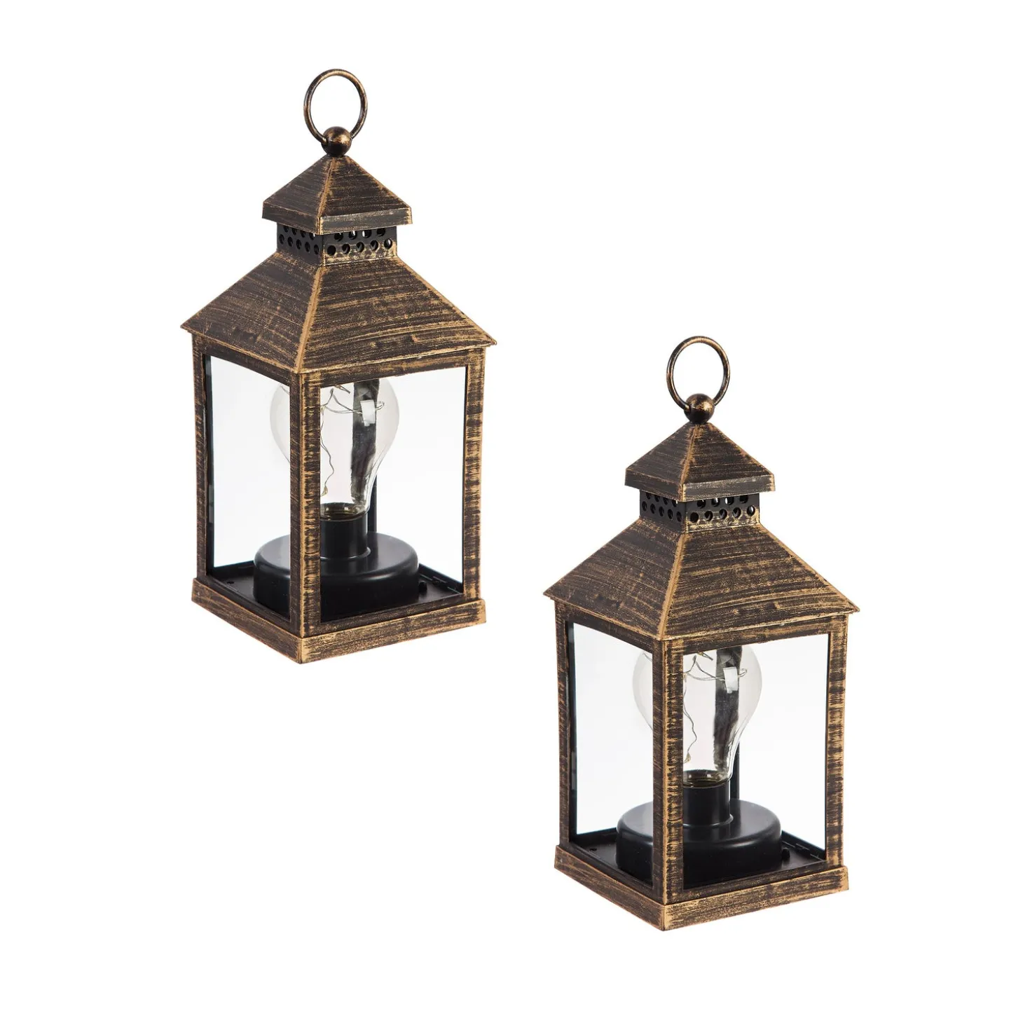 Outdoor Lamps | Candles & Lanterns>Plow & Hearth 8.5"H Battery Operated Twinkling Light Bulb Lantern, Black with Brushed Gold, Set of 2