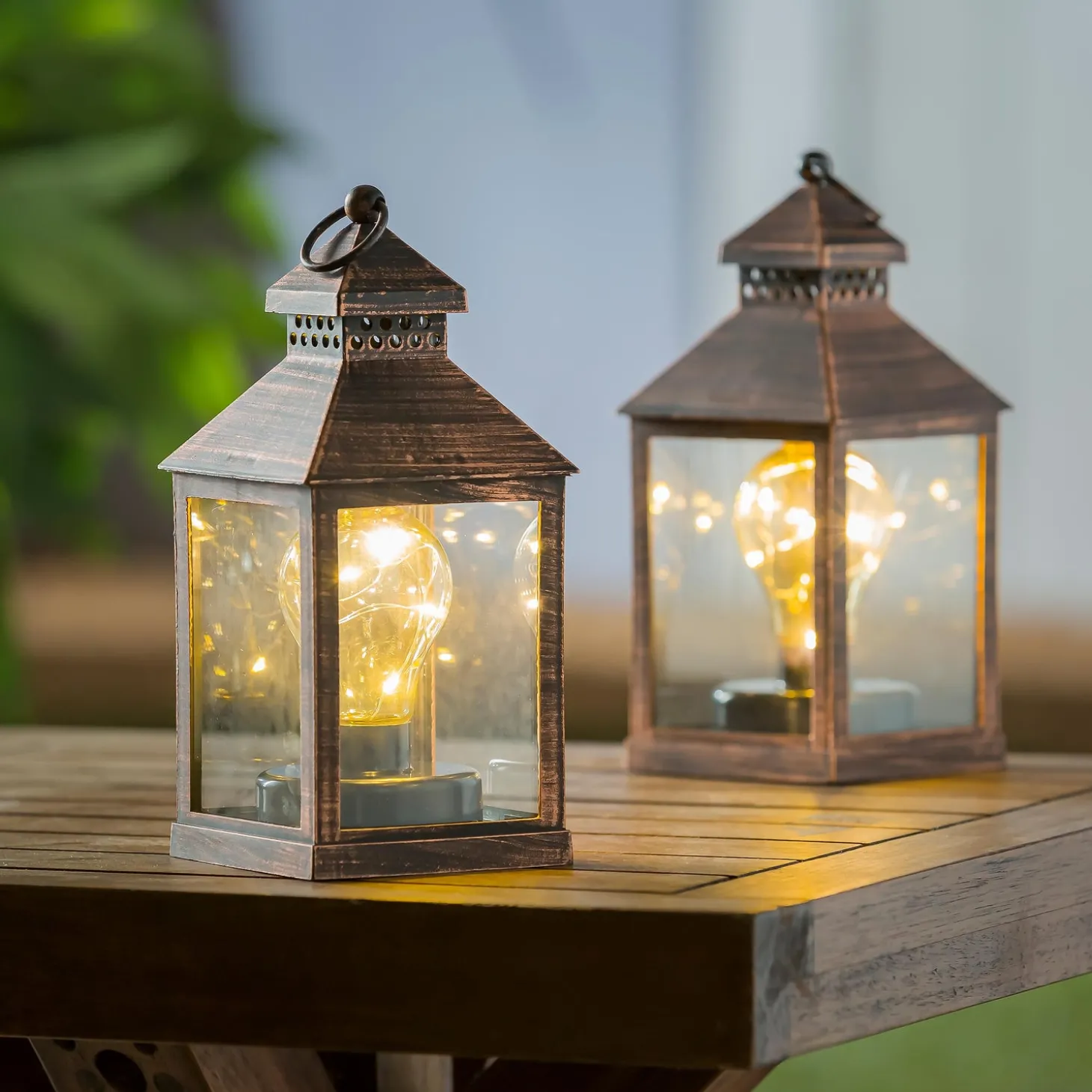 Outdoor Lamps | Candles & Lanterns>Plow & Hearth 8.5"H Battery Operated Twinkling Light Bulb Lantern, Brushed Bronze; Set of 2