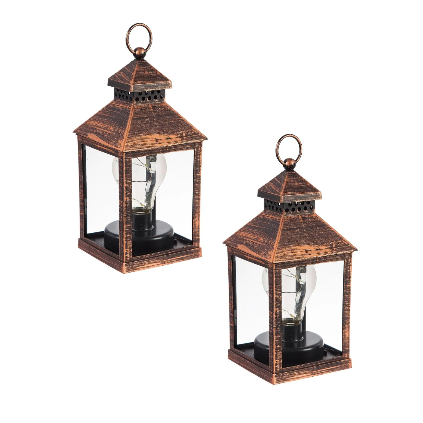 Outdoor Lamps | Candles & Lanterns>Plow & Hearth 8.5"H Battery Operated Twinkling Light Bulb Lantern, Brushed Bronze; Set of 2