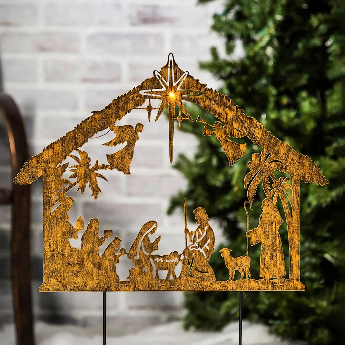 Garden Stakes | Solar Accents>Plow & Hearth 28"H Solar Illuminated Nativity Stake