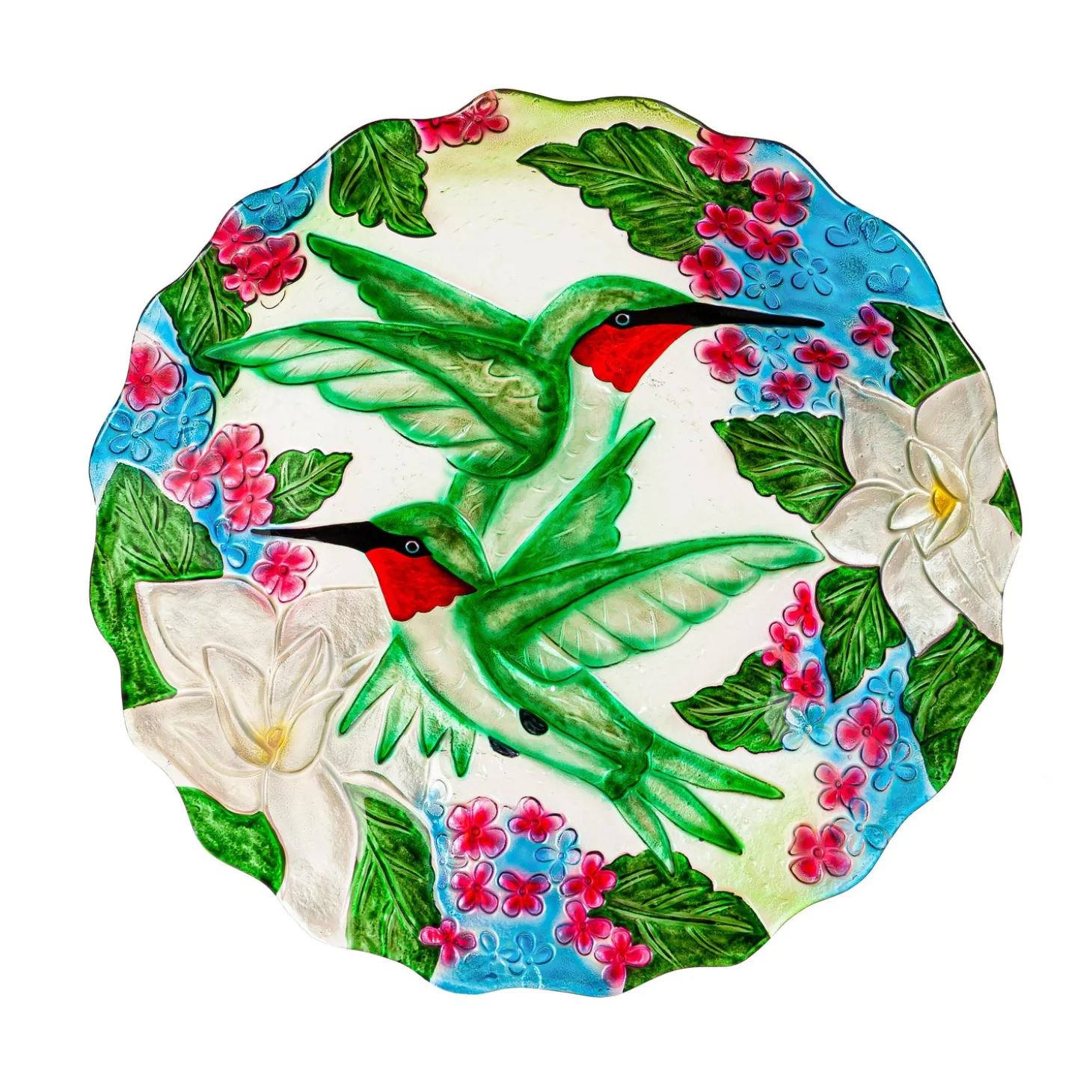 Birdbaths>Plow & Hearth 18"Hand Painted and Embossed Glass Shaped Bird Bath, Hummingbird Bouquets