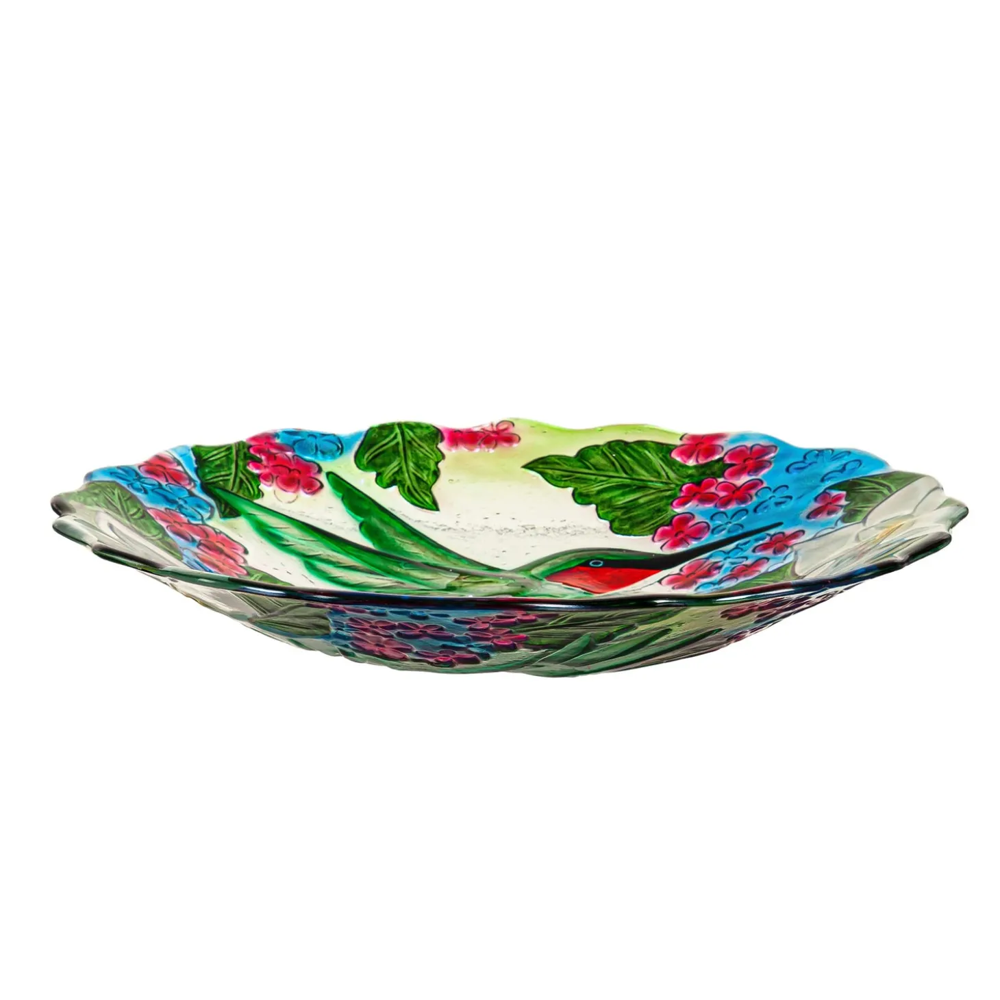 Birdbaths>Plow & Hearth 18"Hand Painted and Embossed Glass Shaped Bird Bath, Hummingbird Bouquets