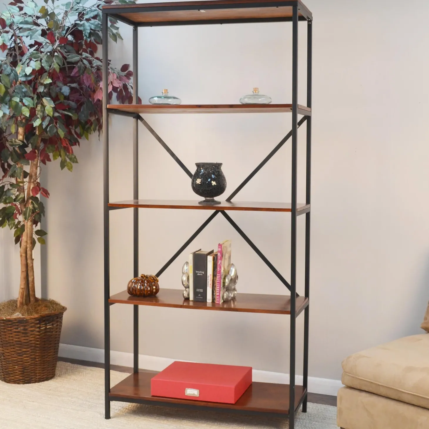 Bookshelves & Wall Shelves>Plow & Hearth 72"-High Five-Shelf Wood and Metal Bookcase Chestnut