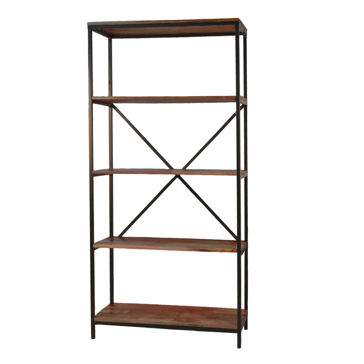 Bookshelves & Wall Shelves>Plow & Hearth 72"-High Five-Shelf Wood and Metal Bookcase Chestnut