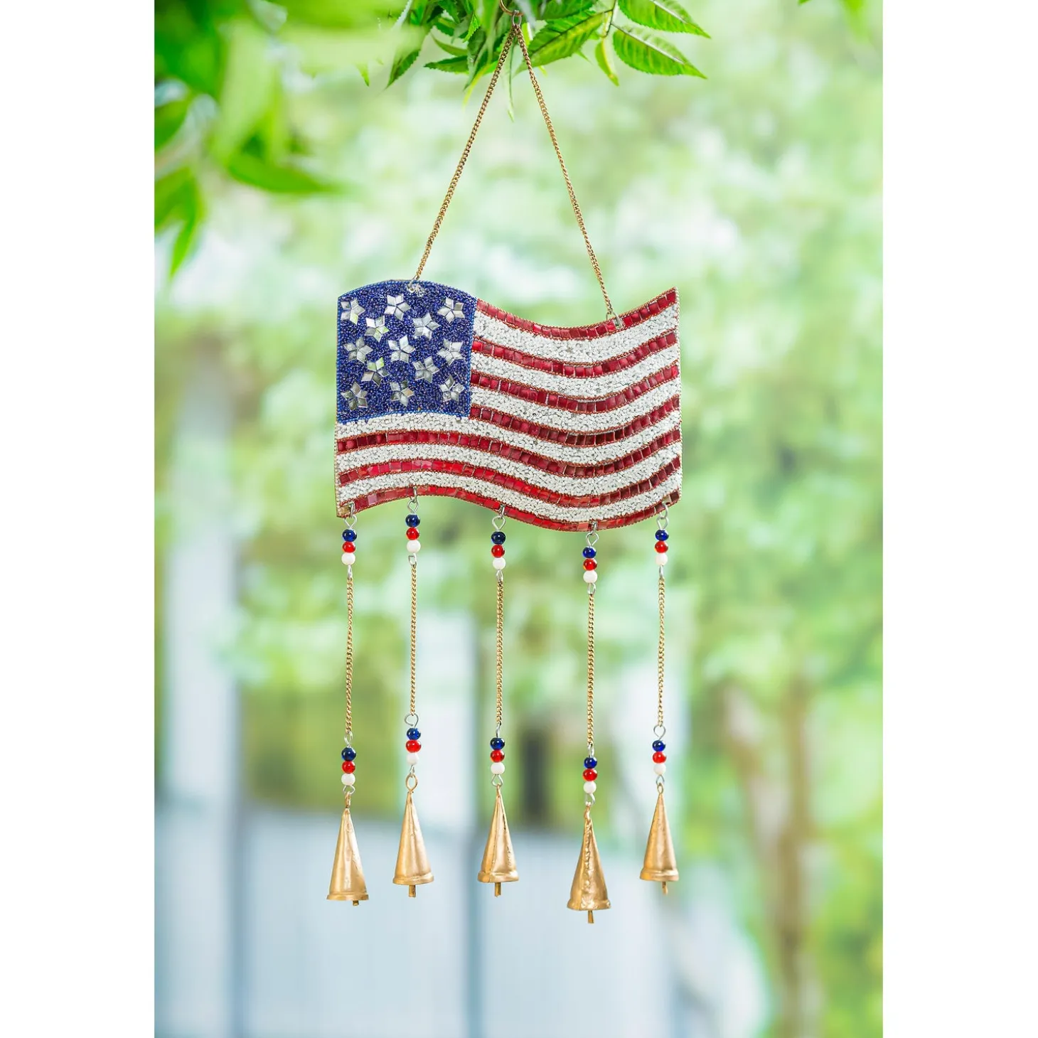 Wind Chimes & Mobiles>Plow & Hearth 27"W American Flag Beaded Wind Chime