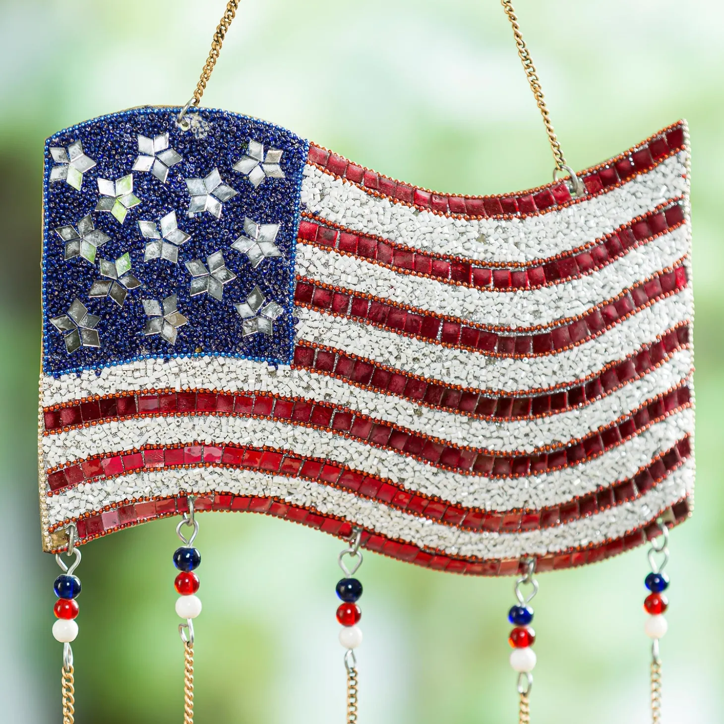 Wind Chimes & Mobiles>Plow & Hearth 27"W American Flag Beaded Wind Chime