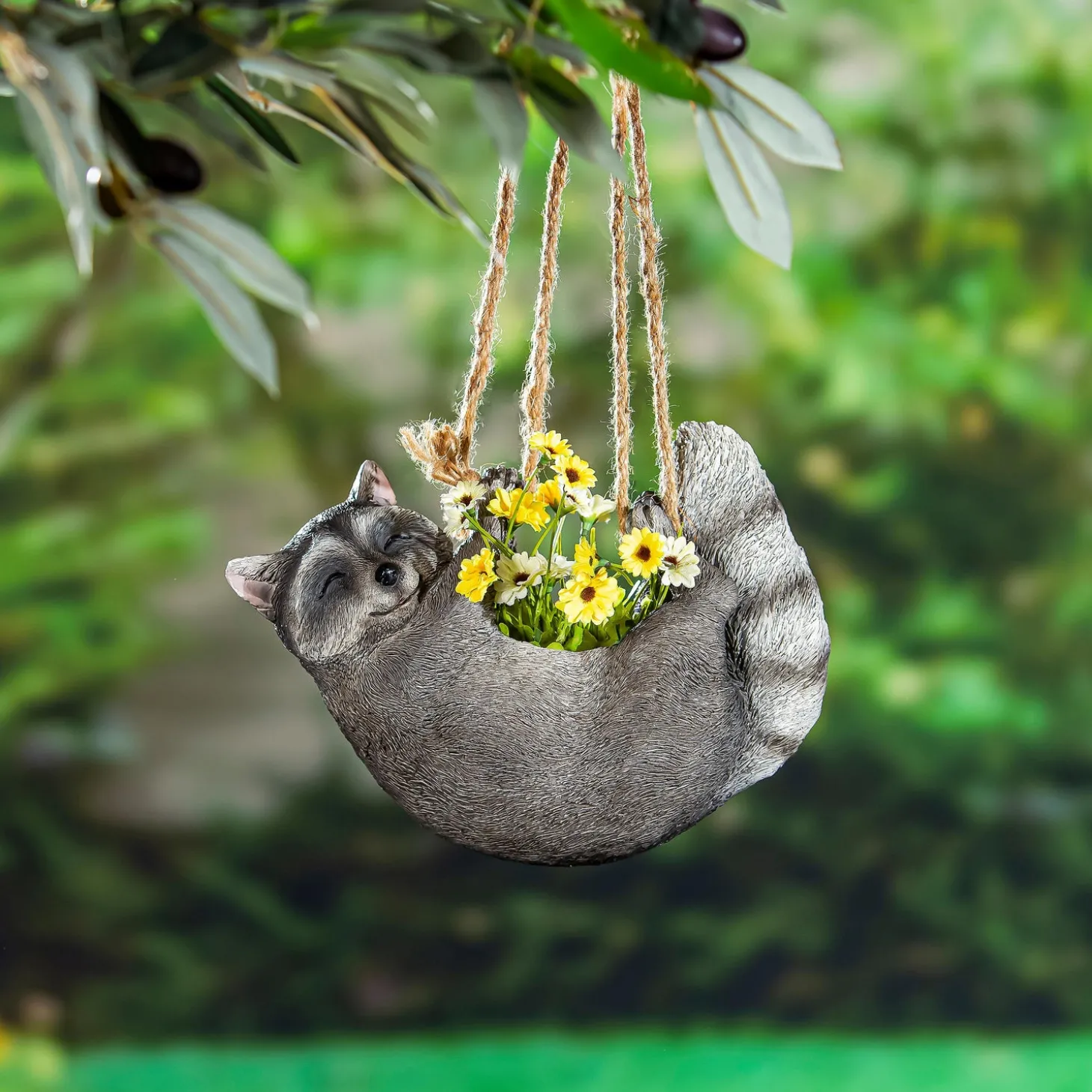 Planters & Plant Stands>Plow & Hearth Raccoon Hanging Planter with Jute