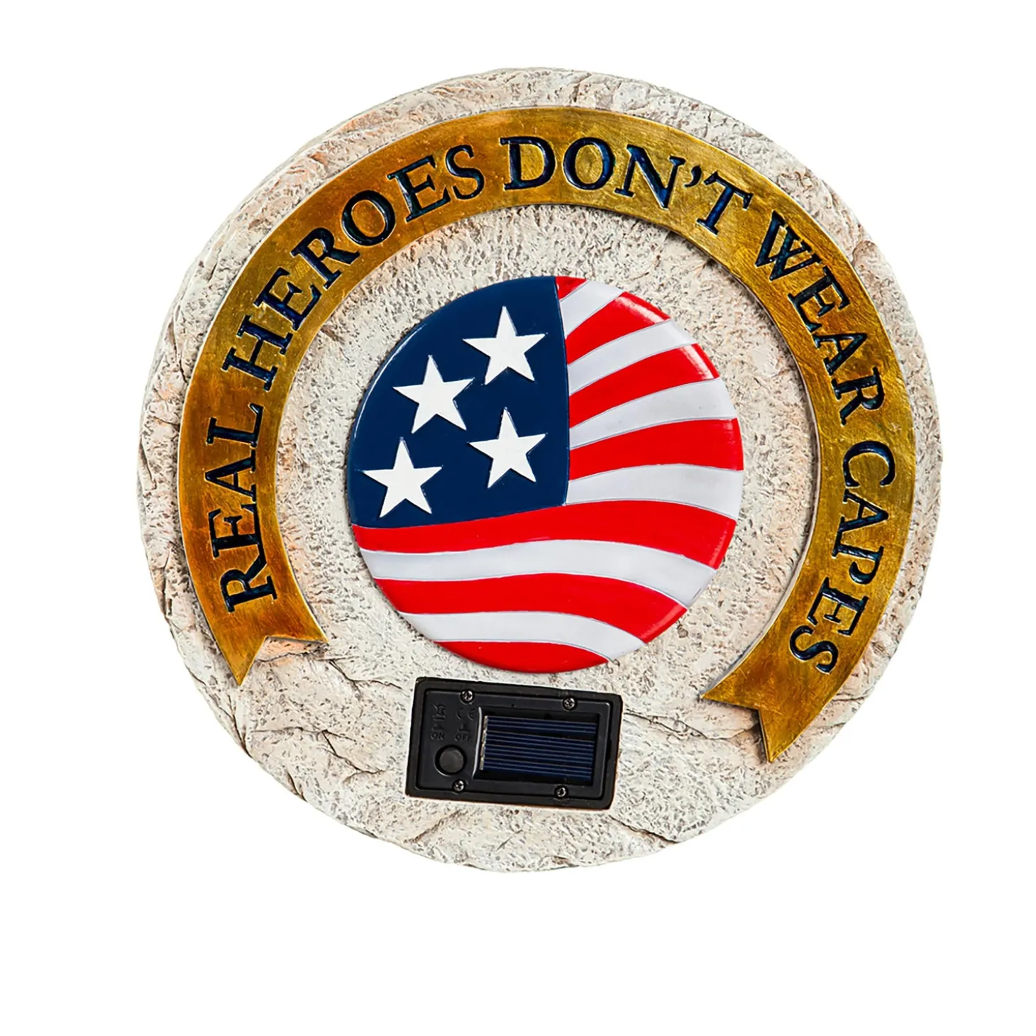 Solar Accents>Plow & Hearth Real Heros Don't Wear Capes Solar Garden Stone, Military/Americana