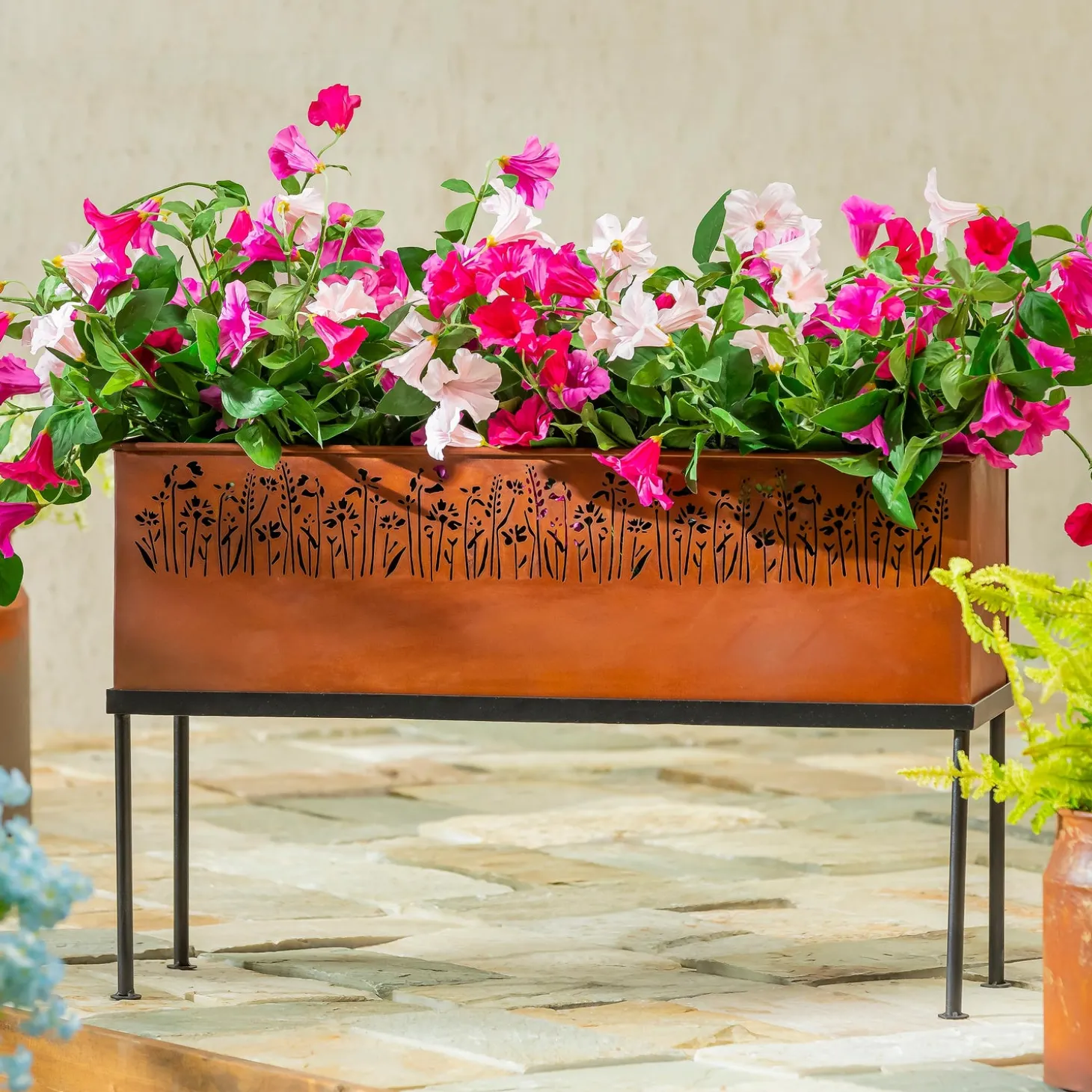 Planters & Plant Stands>Plow & Hearth Rectangular Metal Planter with Laser Cut Florals