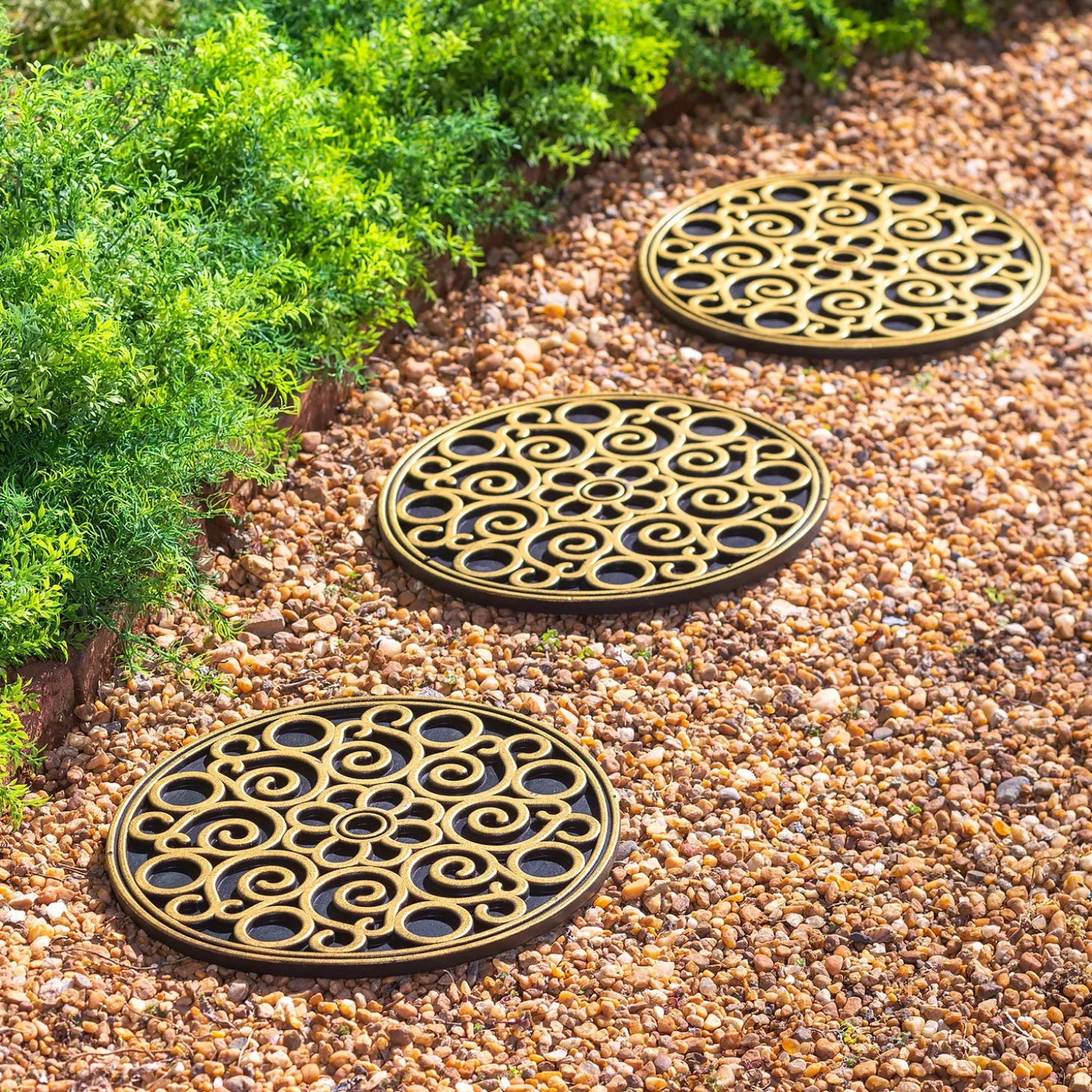 Pathways & Stepping Stones>Plow & Hearth Recycled Rubber Stepping Stones, Set of 3 - Copper Flower Swirl