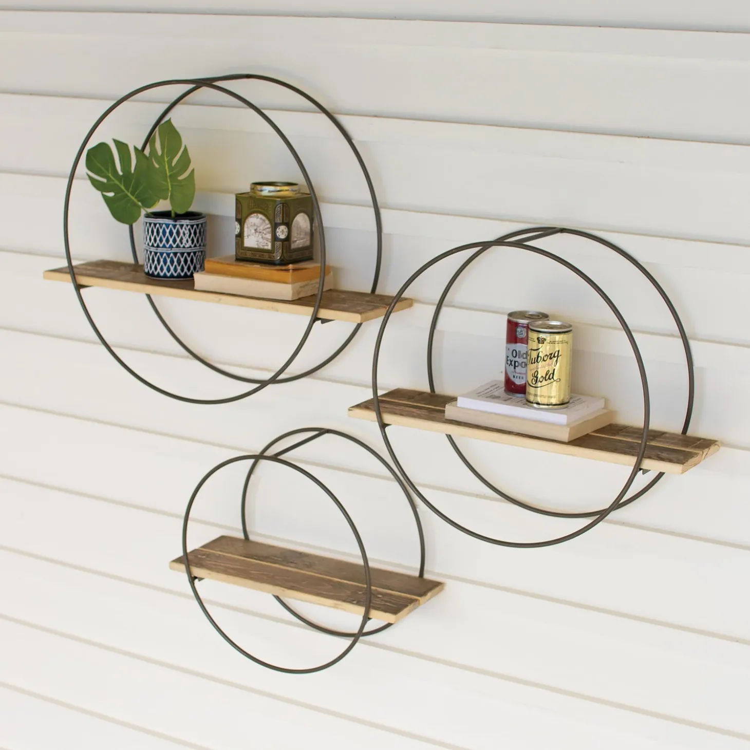 Bookshelves & Wall Shelves>Plow & Hearth Recycled Wooden Shelves with Round Metal Frames, Set of 3