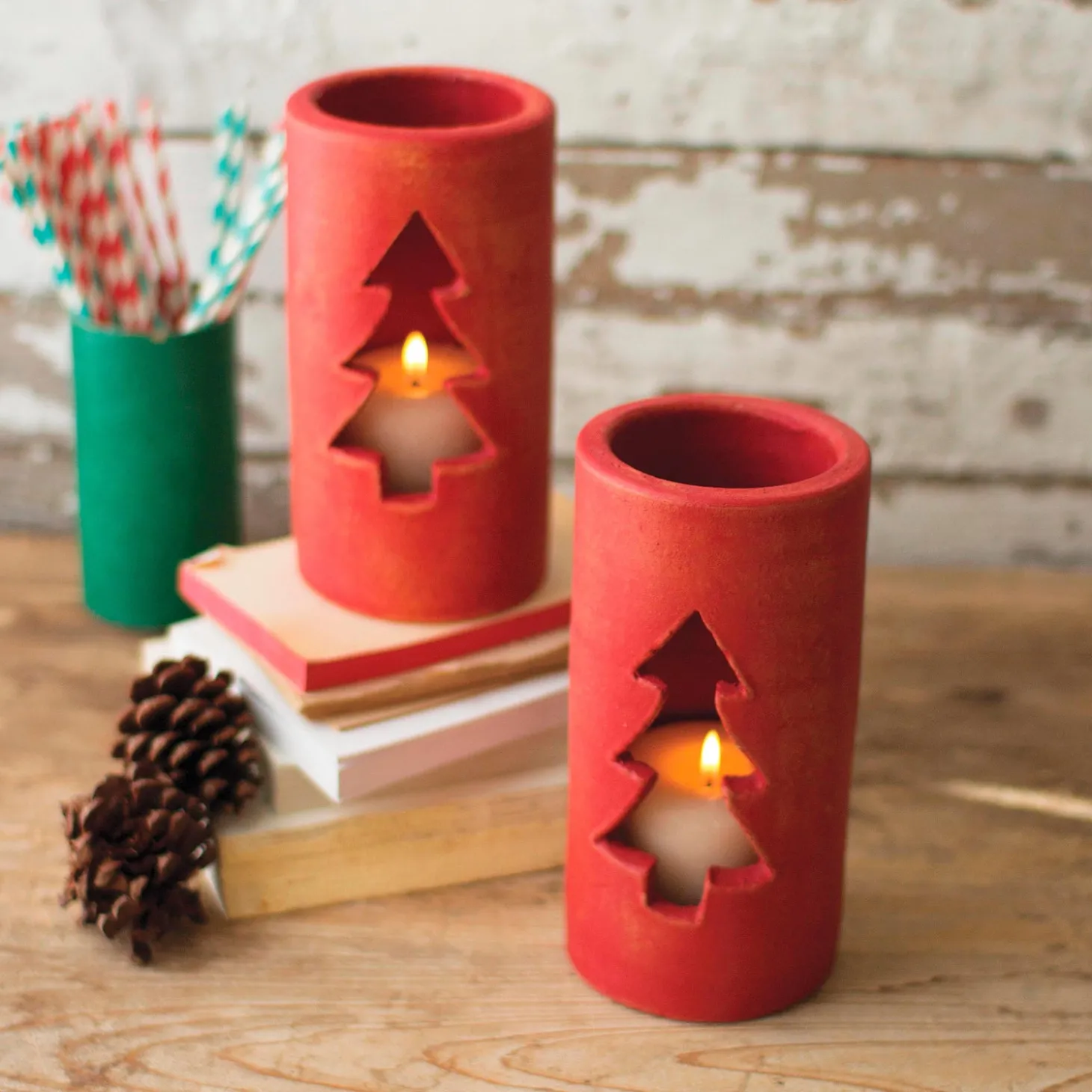 Candles & Lanterns>Plow & Hearth Red Clay Holiday Tree Luminaries, Set of 6